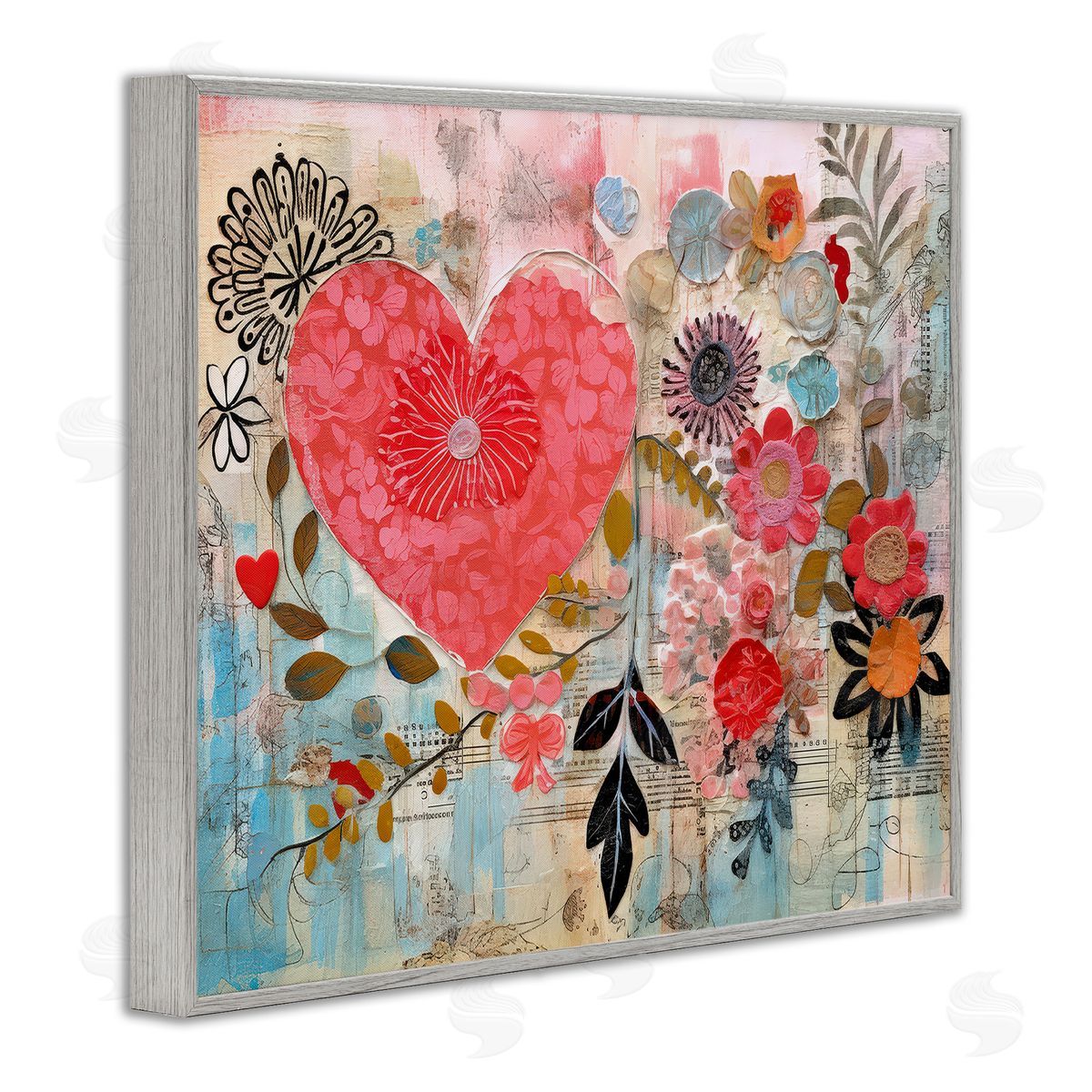 LSR Design Studio Playful Heart & Flowers Gray Framed Giclee Wall Art Print