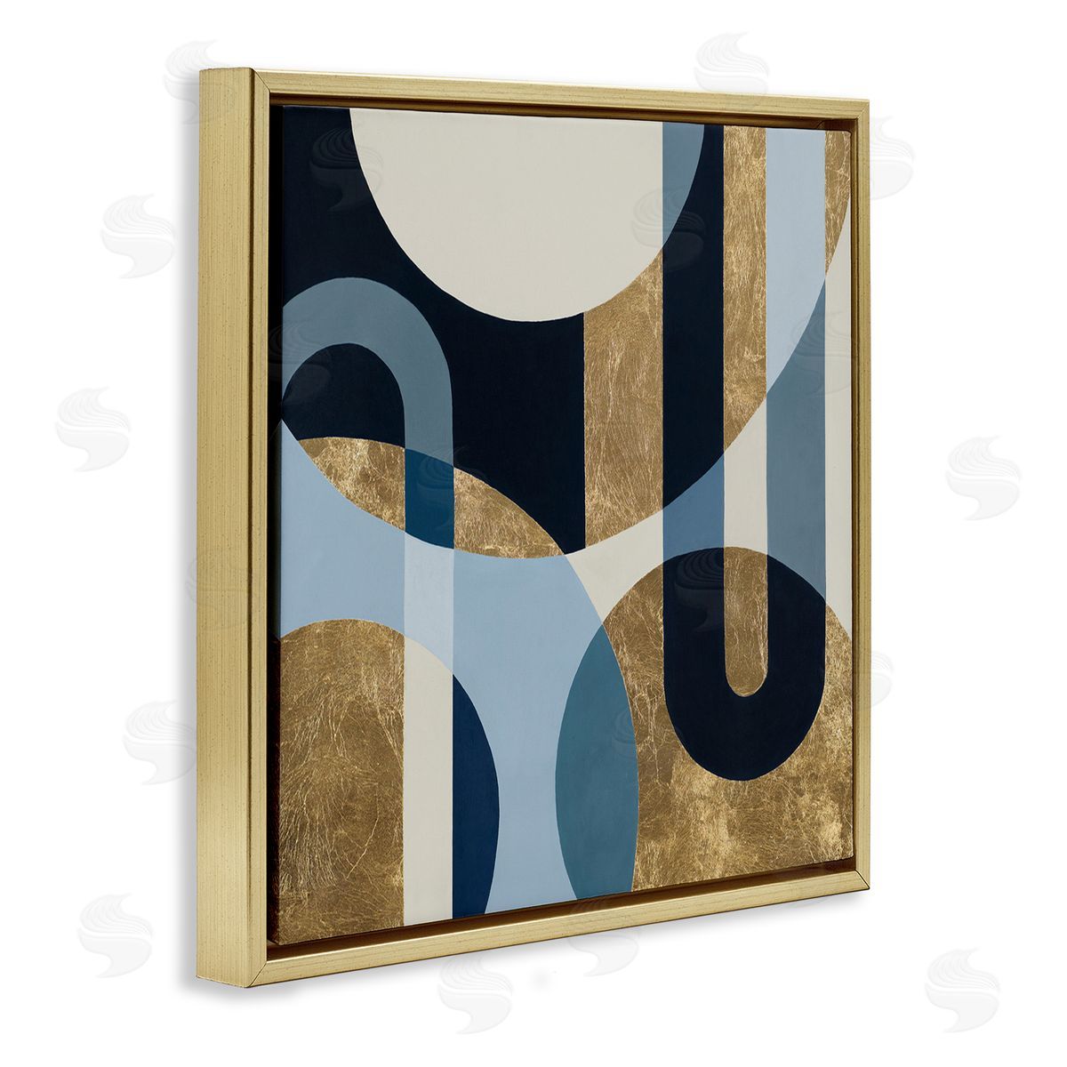 Gold and Blue Circular Shapes Gold Floating Frame Canvas Wall Art, Home Decor by Hanna Melin