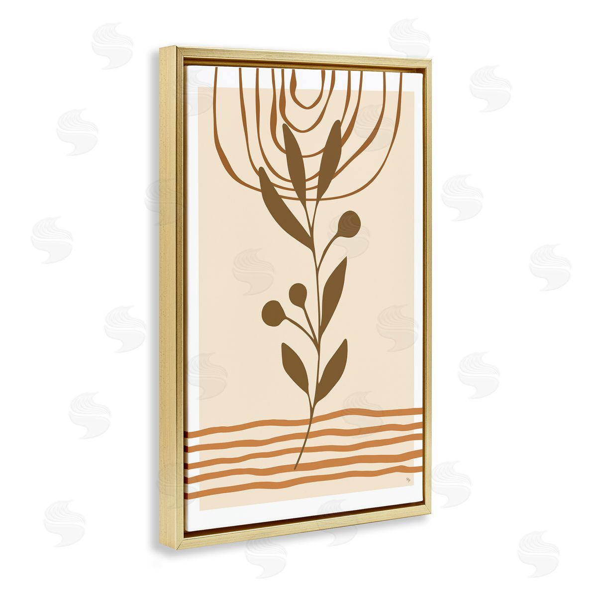Bohemian Plant Sprig Gold Floating Frame Canvas Wall Art, Home Decor by Martina Pavlova