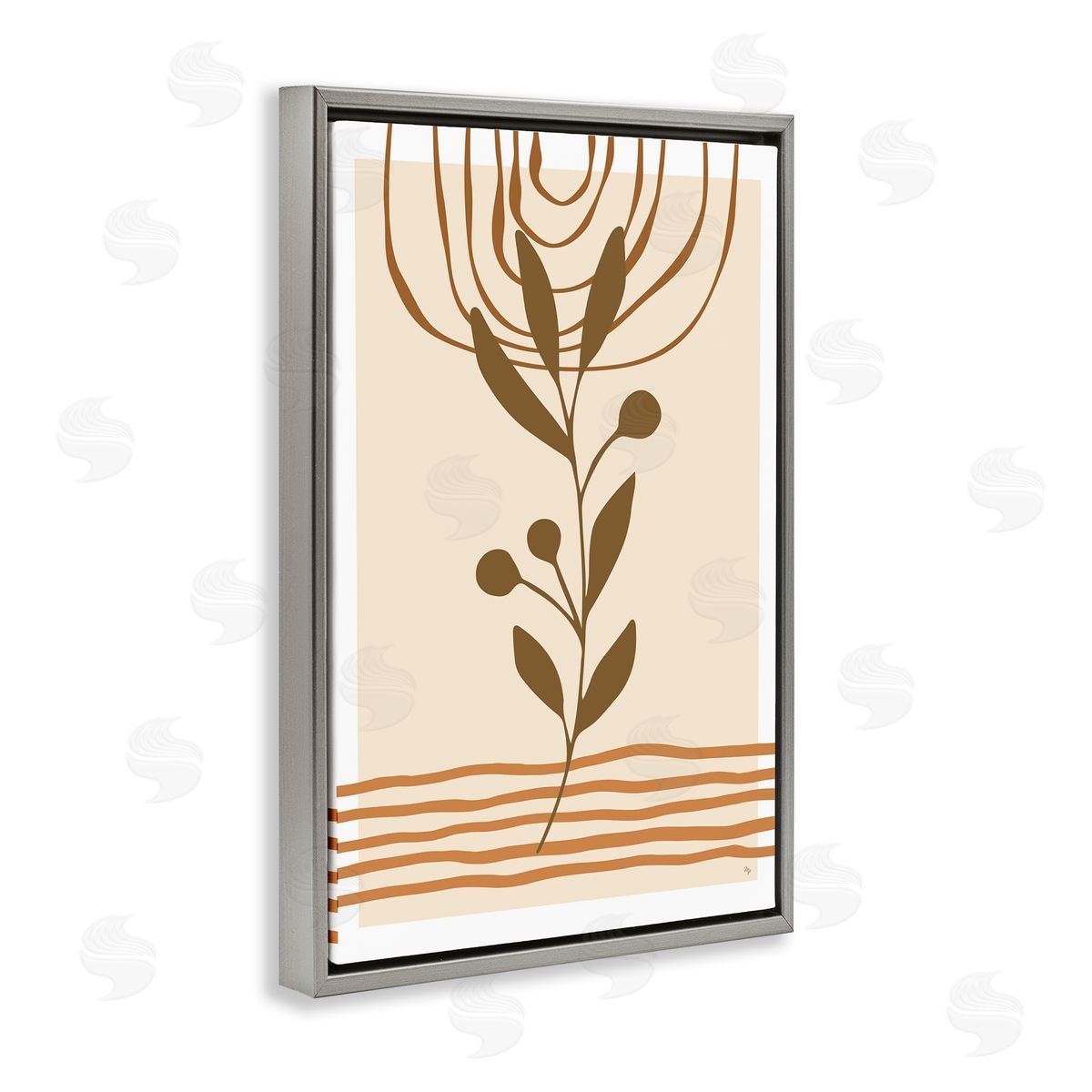 Bohemian Plant Sprig Grey Floating Frame Canvas Wall Art, Home Decor by Martina Pavlova