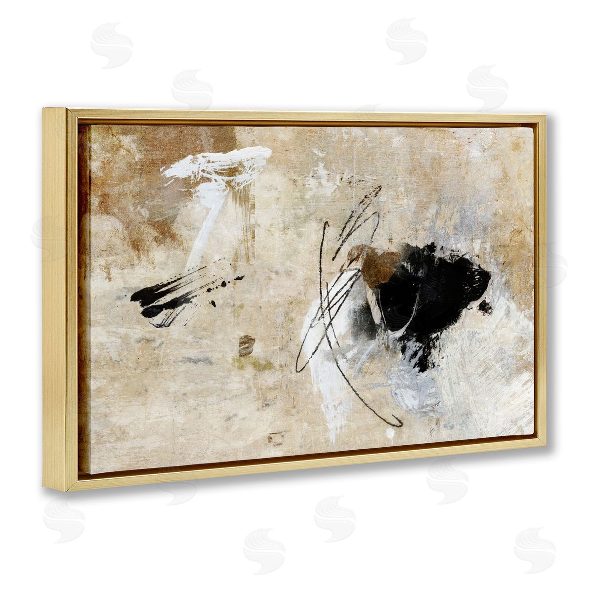 Rustic Scribble Abstraction Gold Floating Frame Canvas Wall Art, Home Decor by Suzanne Nicoll