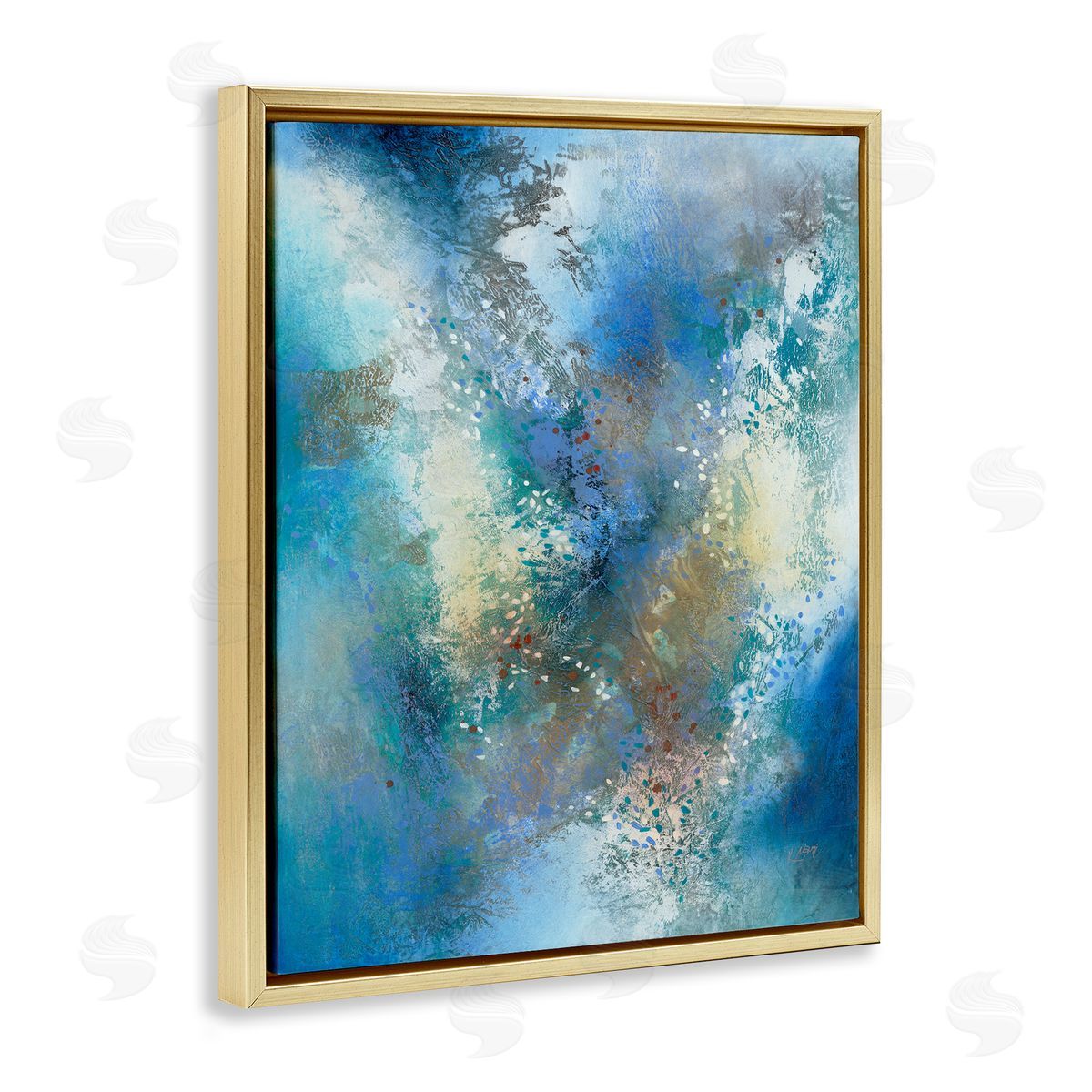 Fluid Blue Abstraction Gold Floating Frame Canvas Wall Art, Home Decor by K. Nari