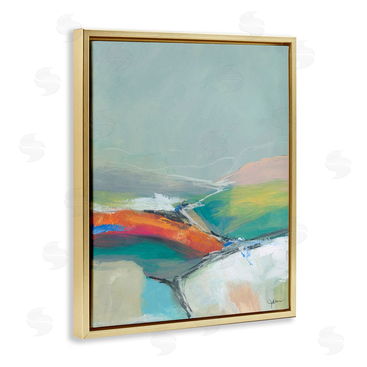 Abstract Rolling Hills Gold Floating Frame Canvas Wall Art, Home Decor by Jan Weiss