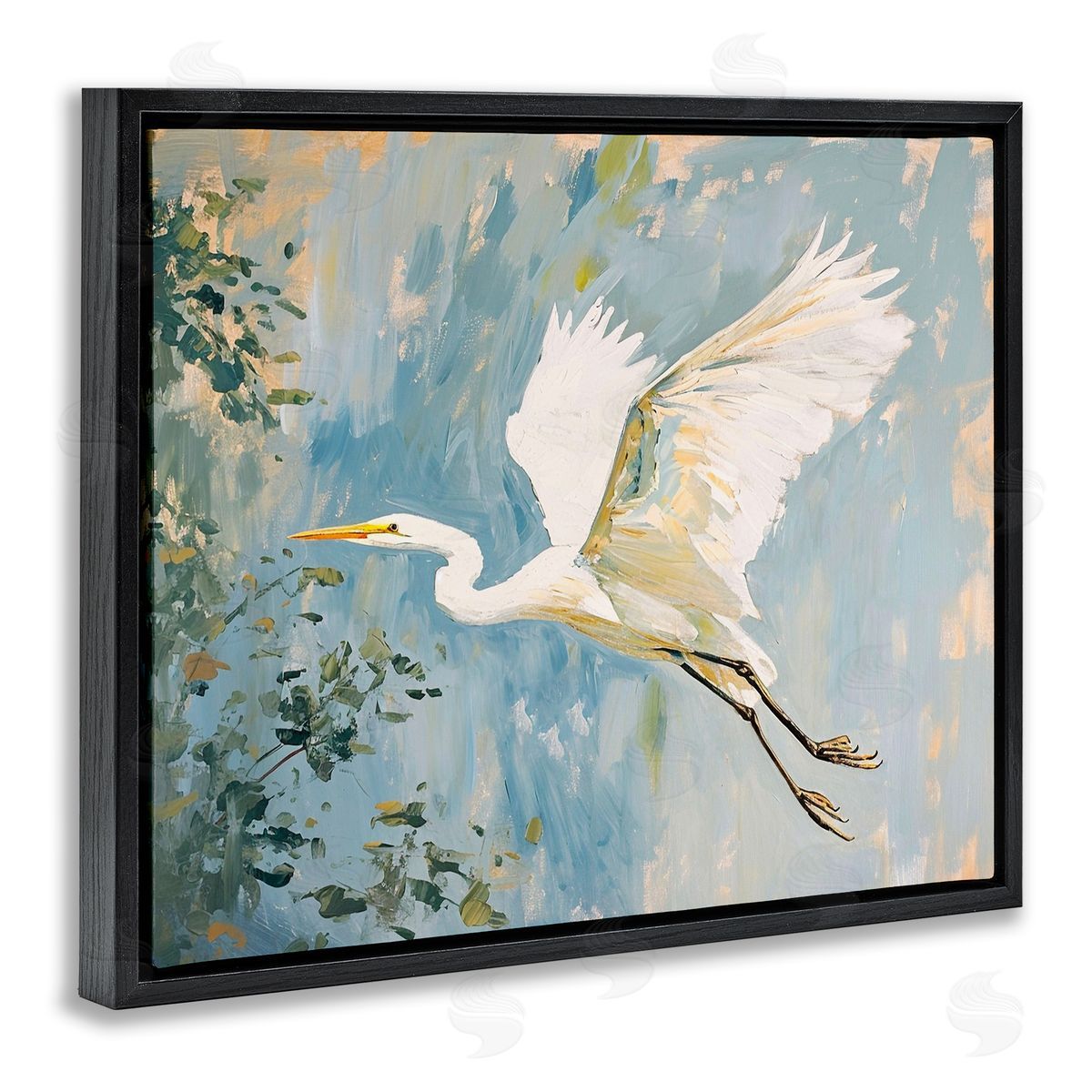 White Heron in Flight Black Floating Frame Canvas Wall Art, Home Decor by Ramona Murdock