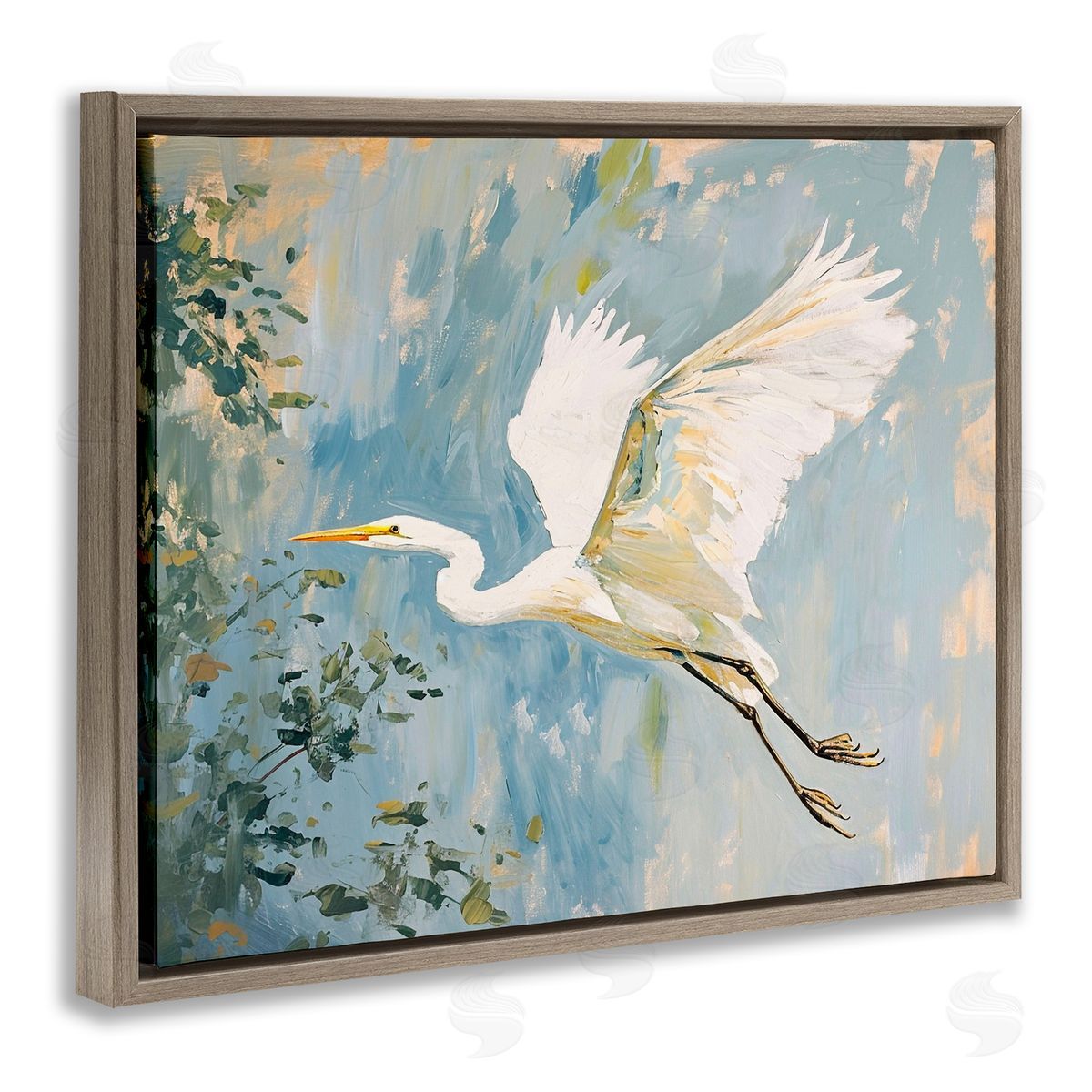 White Heron in Flight Brown Floating Frame Canvas Wall Art, Home Decor by Ramona Murdock