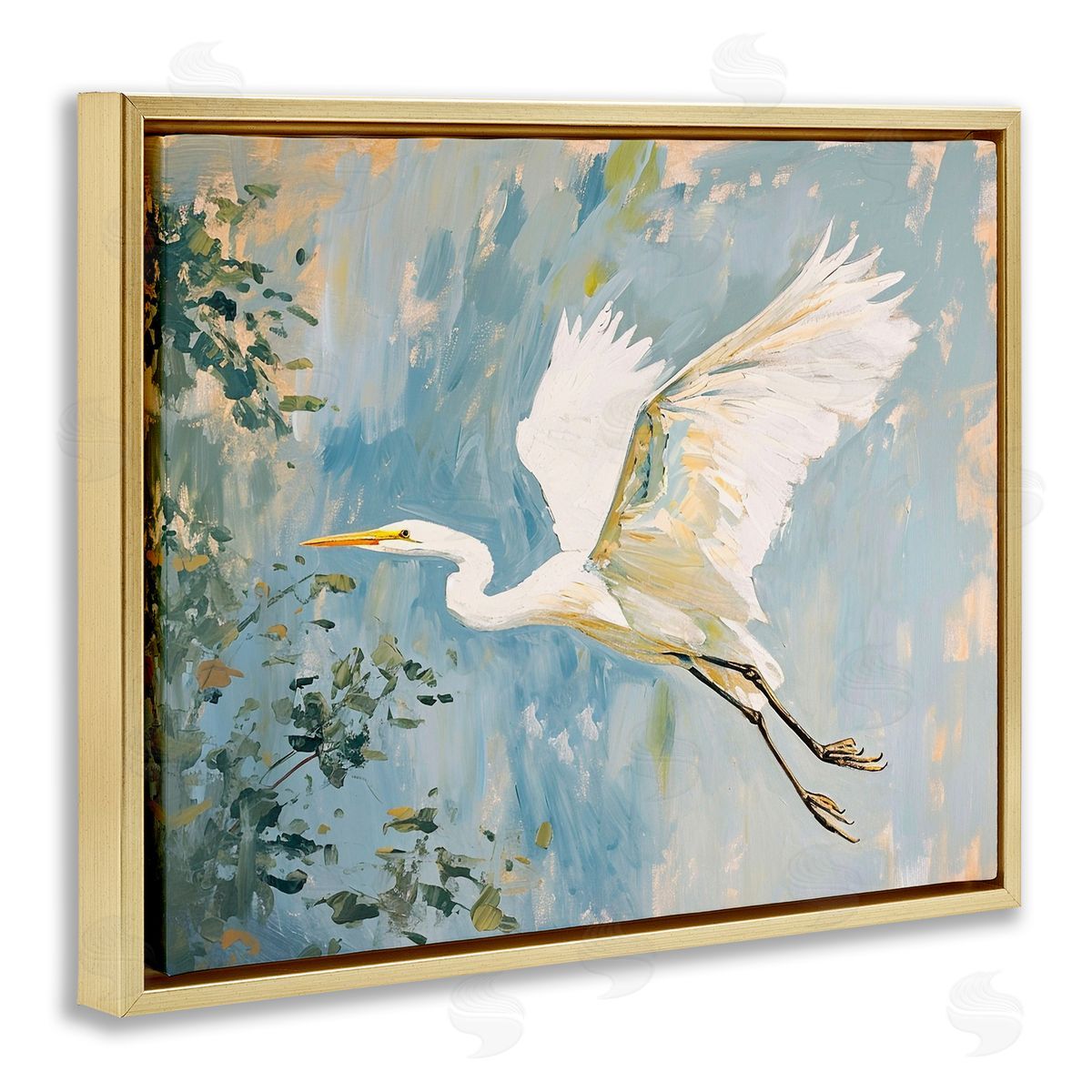White Heron in Flight Gold Floating Frame Canvas Wall Art, Home Decor by Ramona Murdock