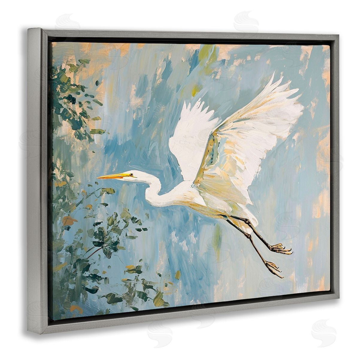 White Heron in Flight Grey Floating Frame Canvas Wall Art, Home Decor by Ramona Murdock