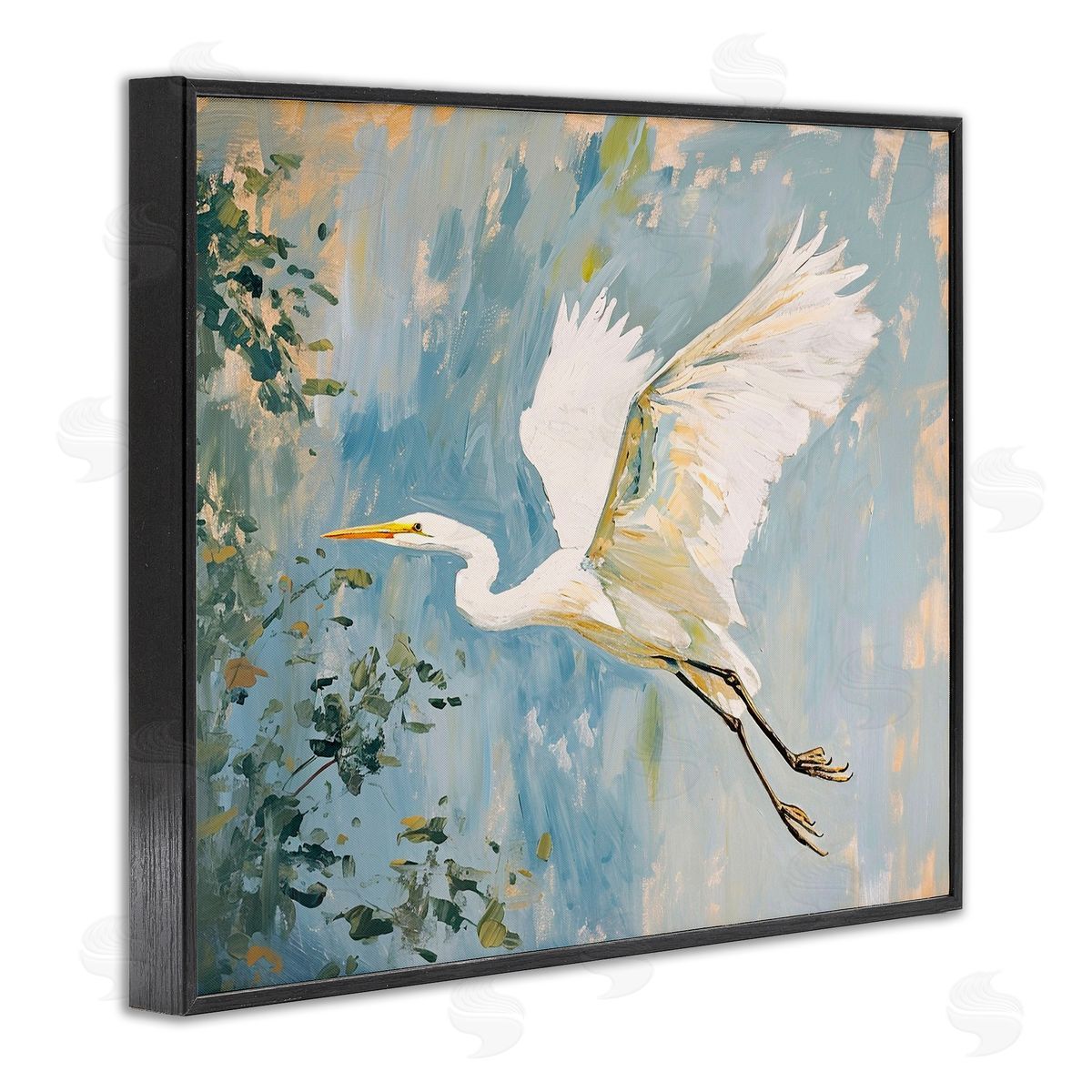 White Heron in Flight Black Frame Print Wall Art, Home Decor by Ramona Murdock