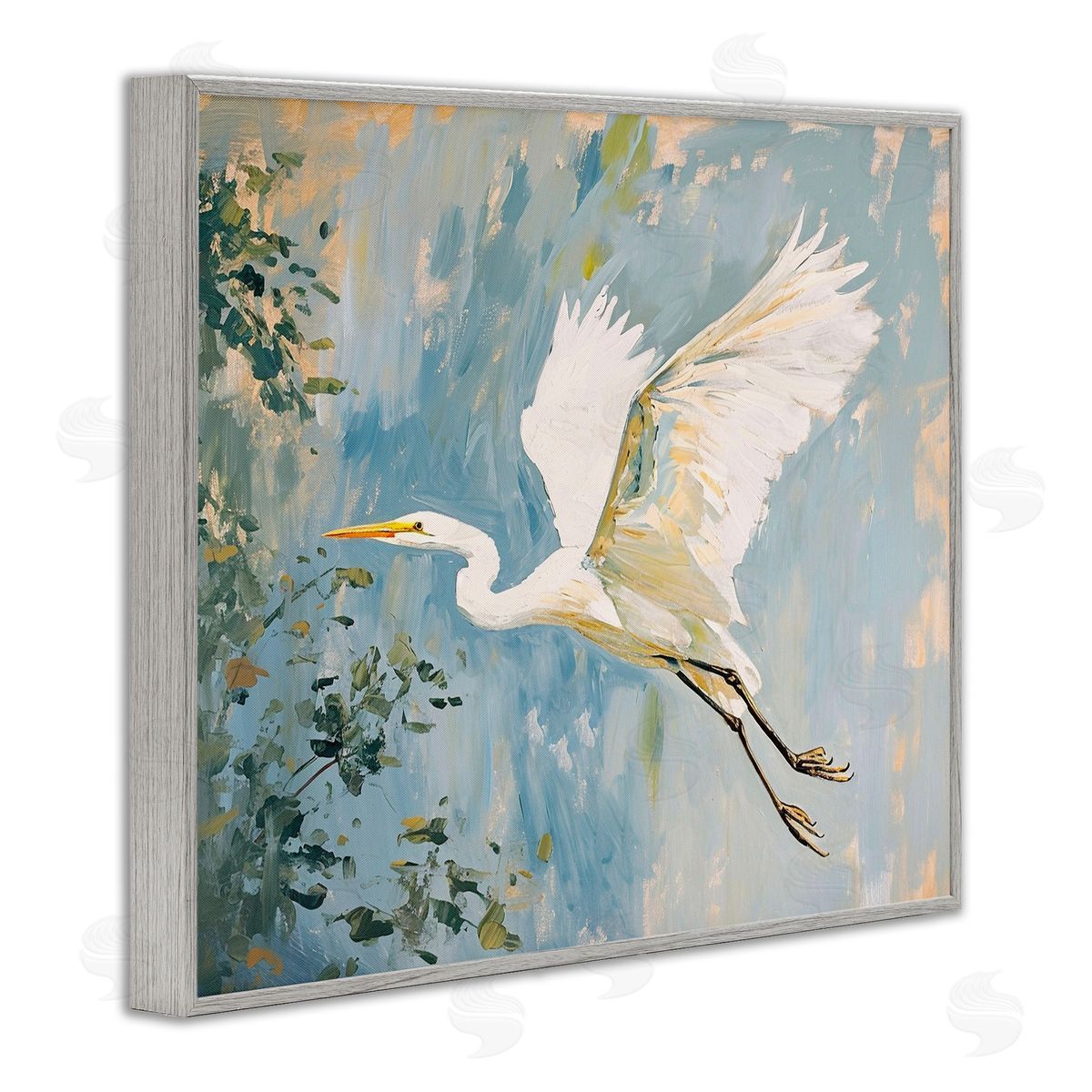 White Heron in Flight Grey Frame Print Wall Art, Home Decor by Ramona Murdock