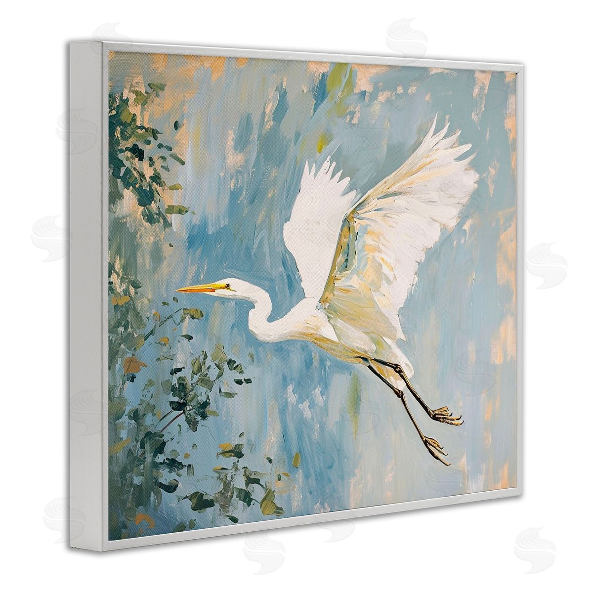White Heron in Flight White Frame Print Wall Art, Home Decor by Ramona Murdock