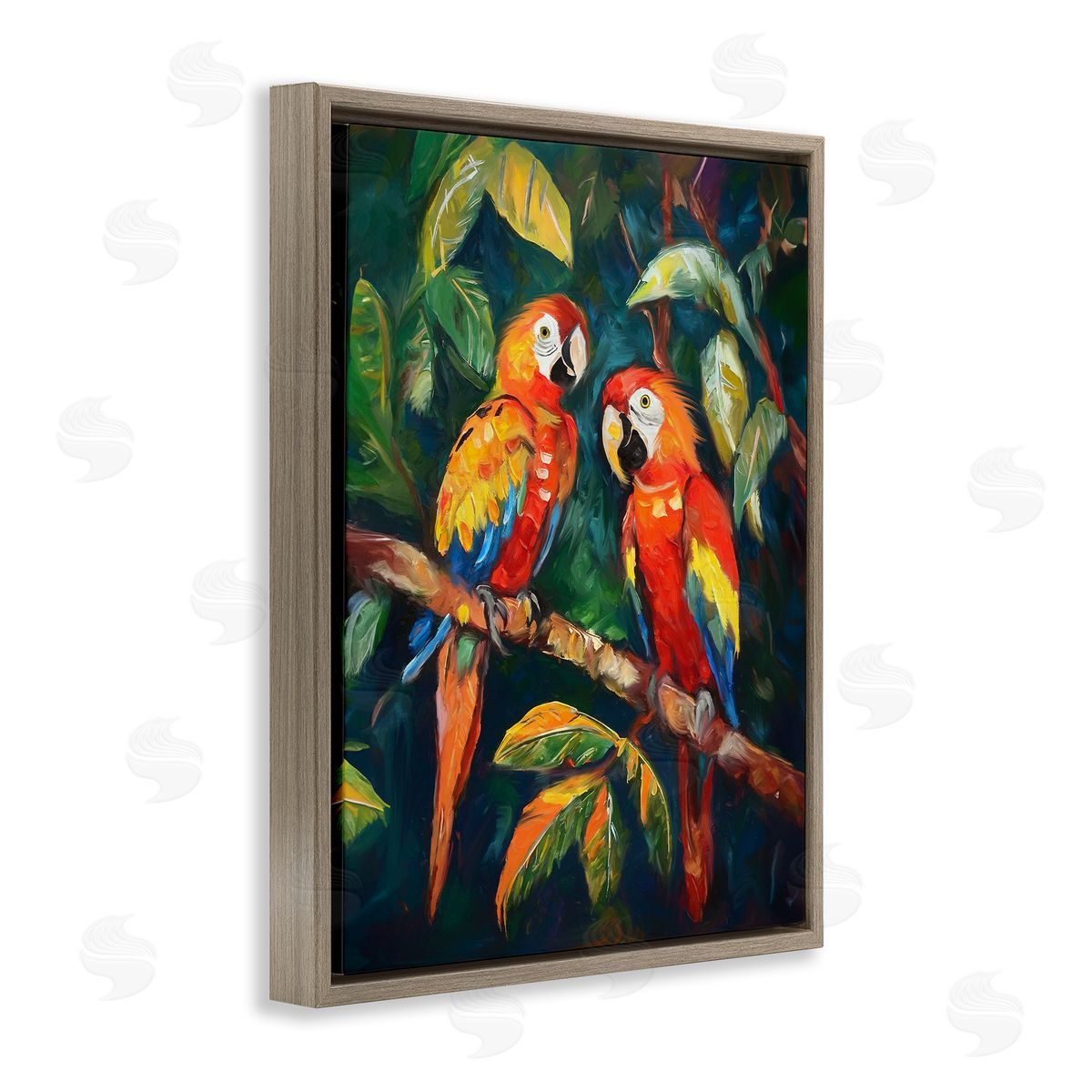 Parrot Pair on Branch Brown Floating Frame Canvas Wall Art, Home Decor by Ramona Murdock