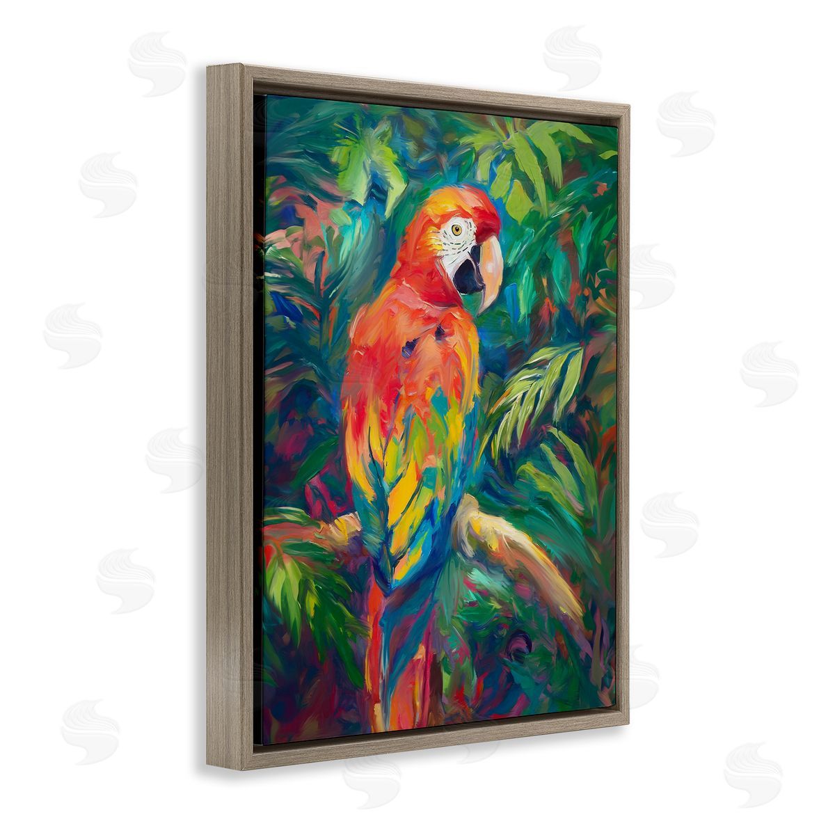 Jungle Macaw on Branch Brown Floating Frame Canvas Wall Art, Home Decor by Ramona Murdock