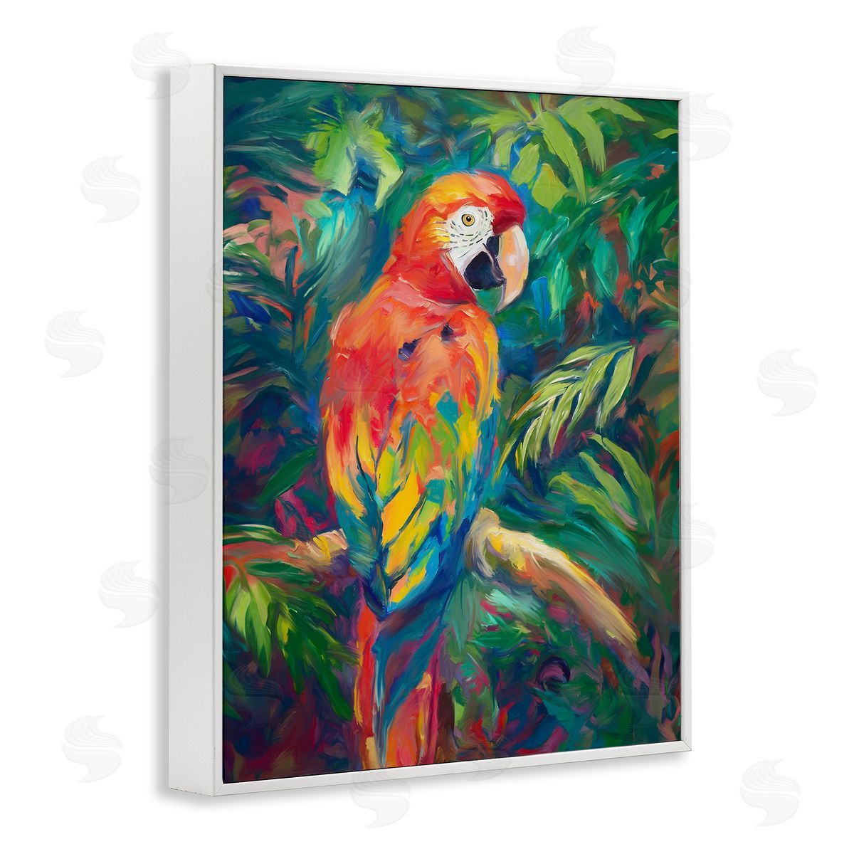 Jungle Macaw on Branch White Frame Print Wall Art, Home Decor by Ramona Murdock