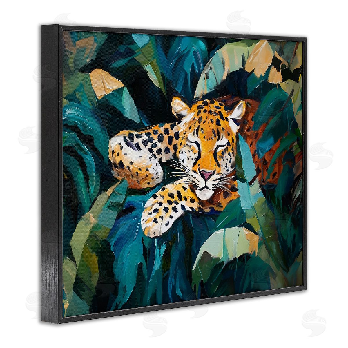 Leopard Sleeping in Leaves Black Frame Print Wall Art, Home Decor by Ramona Murdock