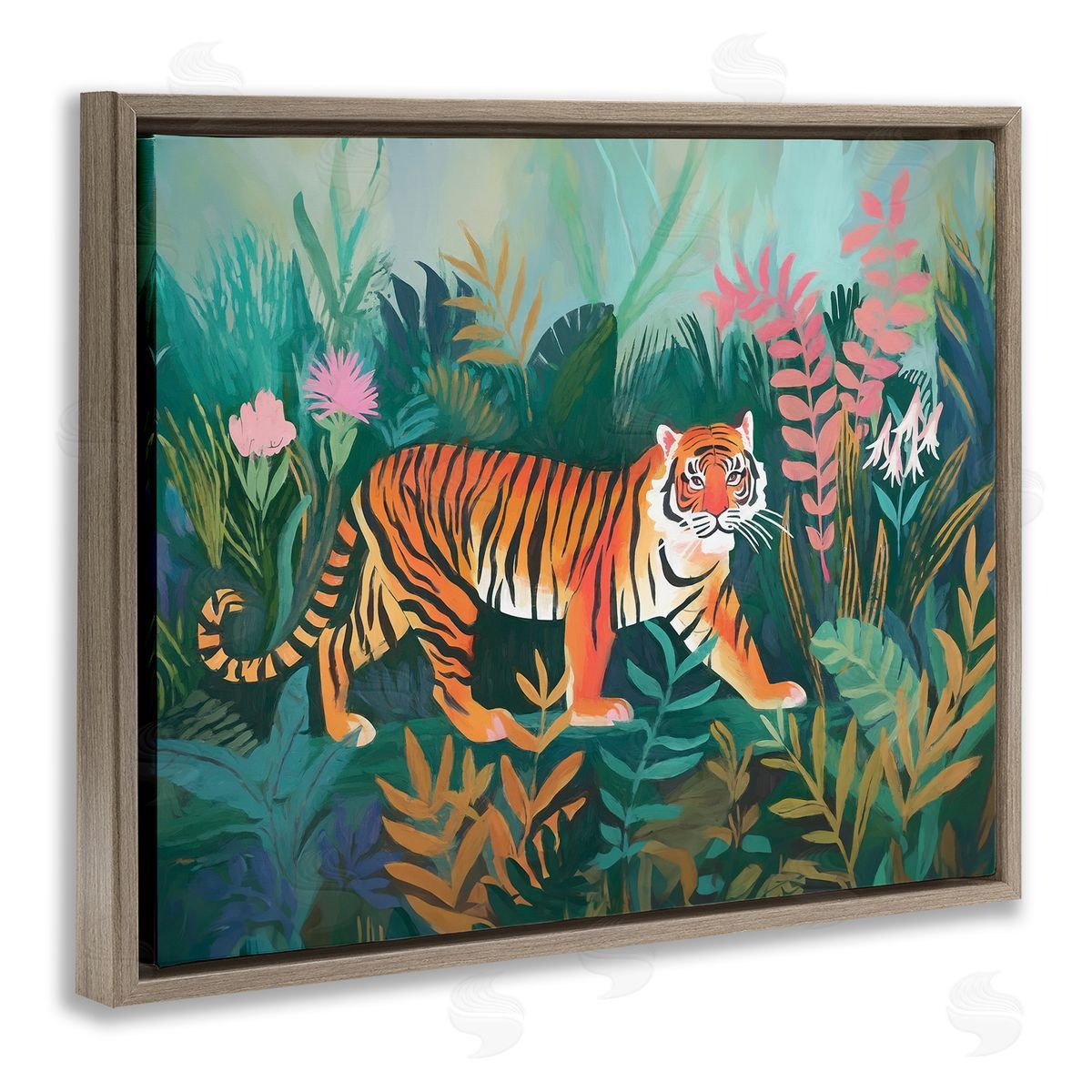 Tiger in Jungle Leaves Brown Floating Frame Canvas Wall Art, Home Decor by Ramona Murdock
