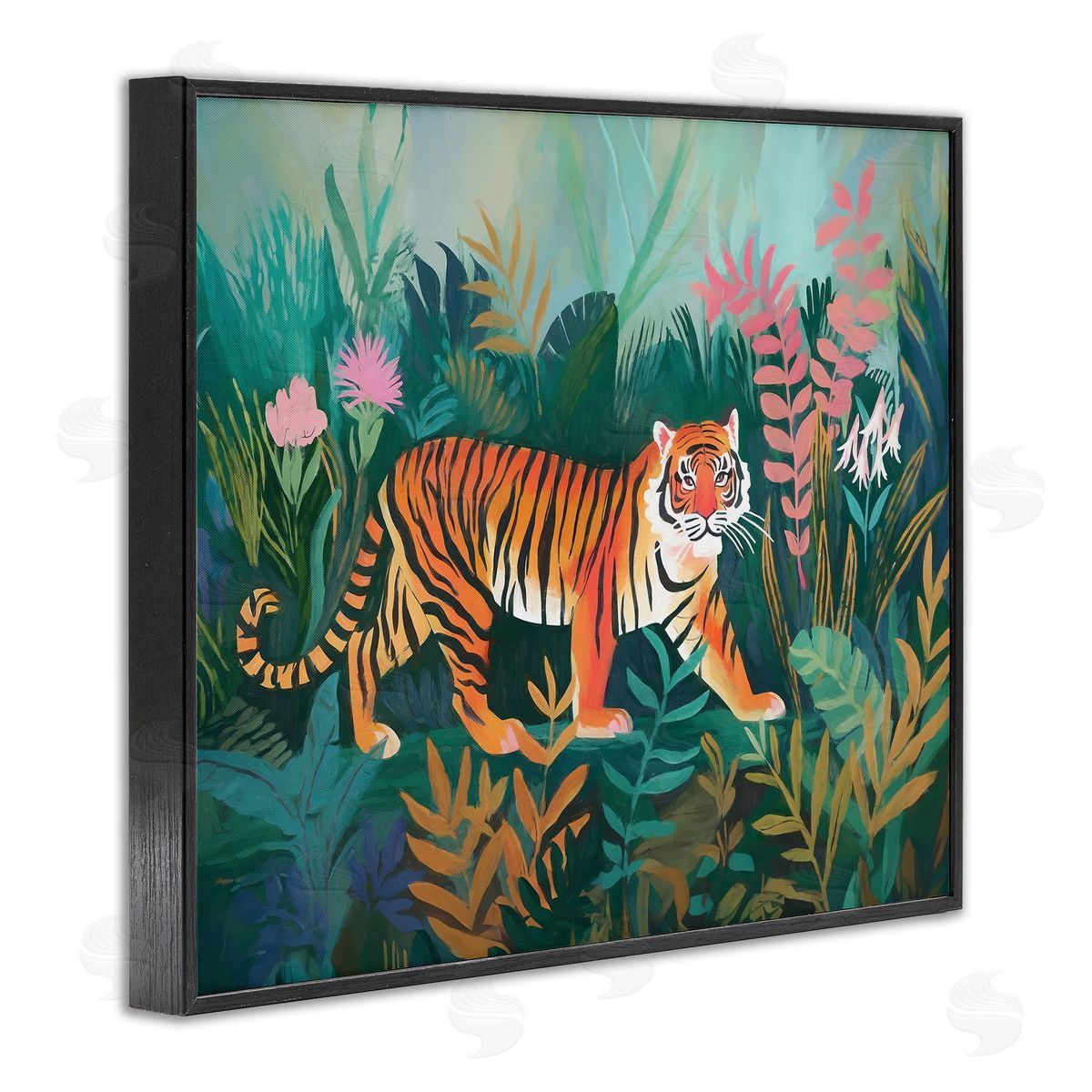 Tiger in Jungle Leaves Black Frame Print Wall Art, Home Decor by Ramona Murdock