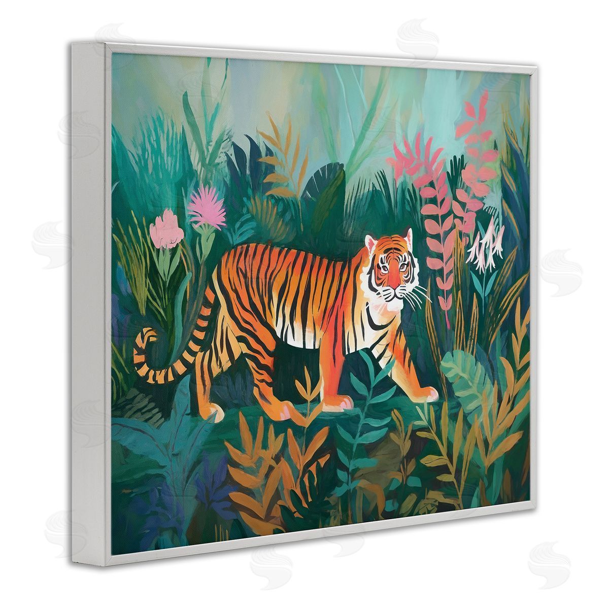 Tiger in Jungle Leaves White Frame Print Wall Art, Home Decor by Ramona Murdock