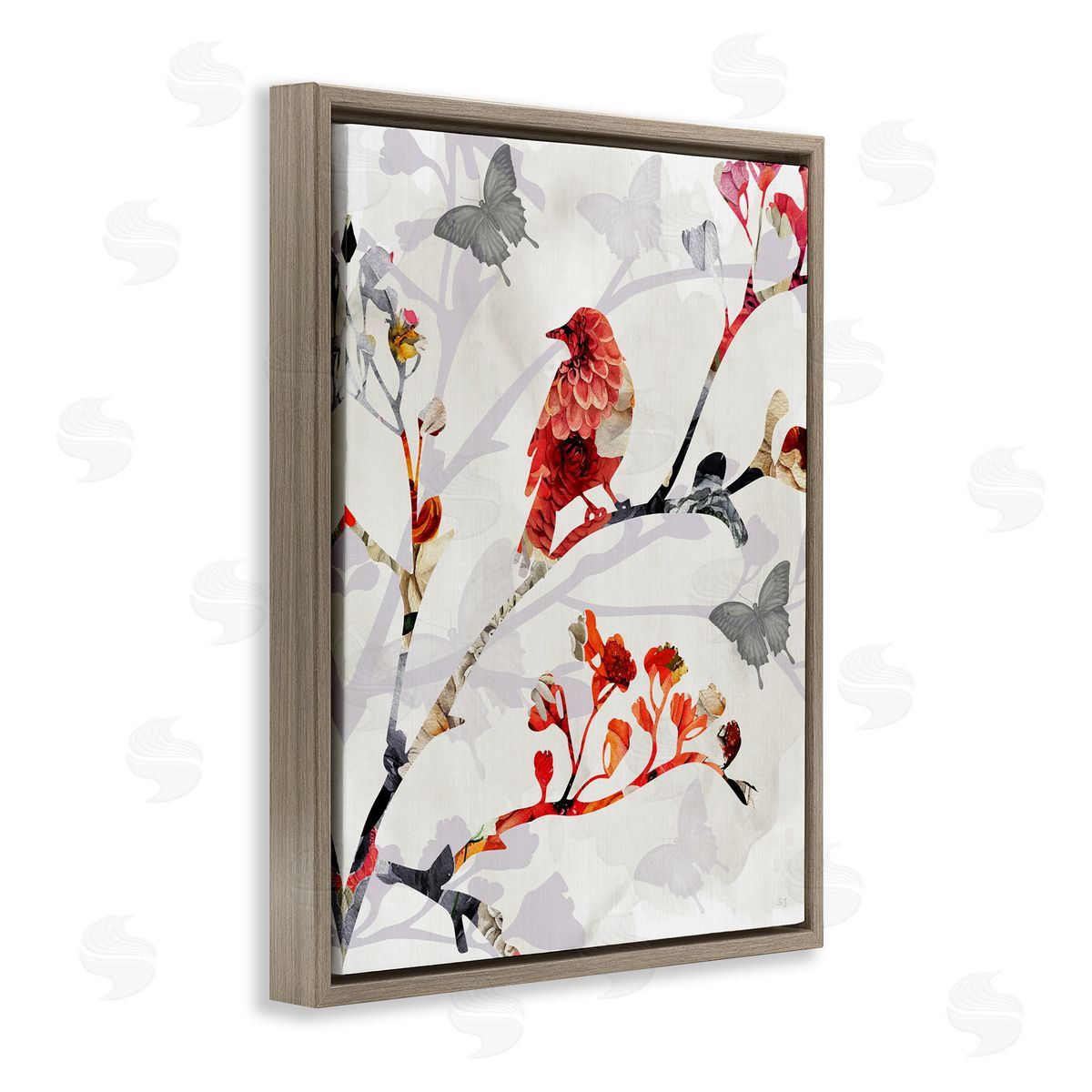 Susan Jill Patterned Birds on Branches Brown Floating Frame Canvas Wall Art Print