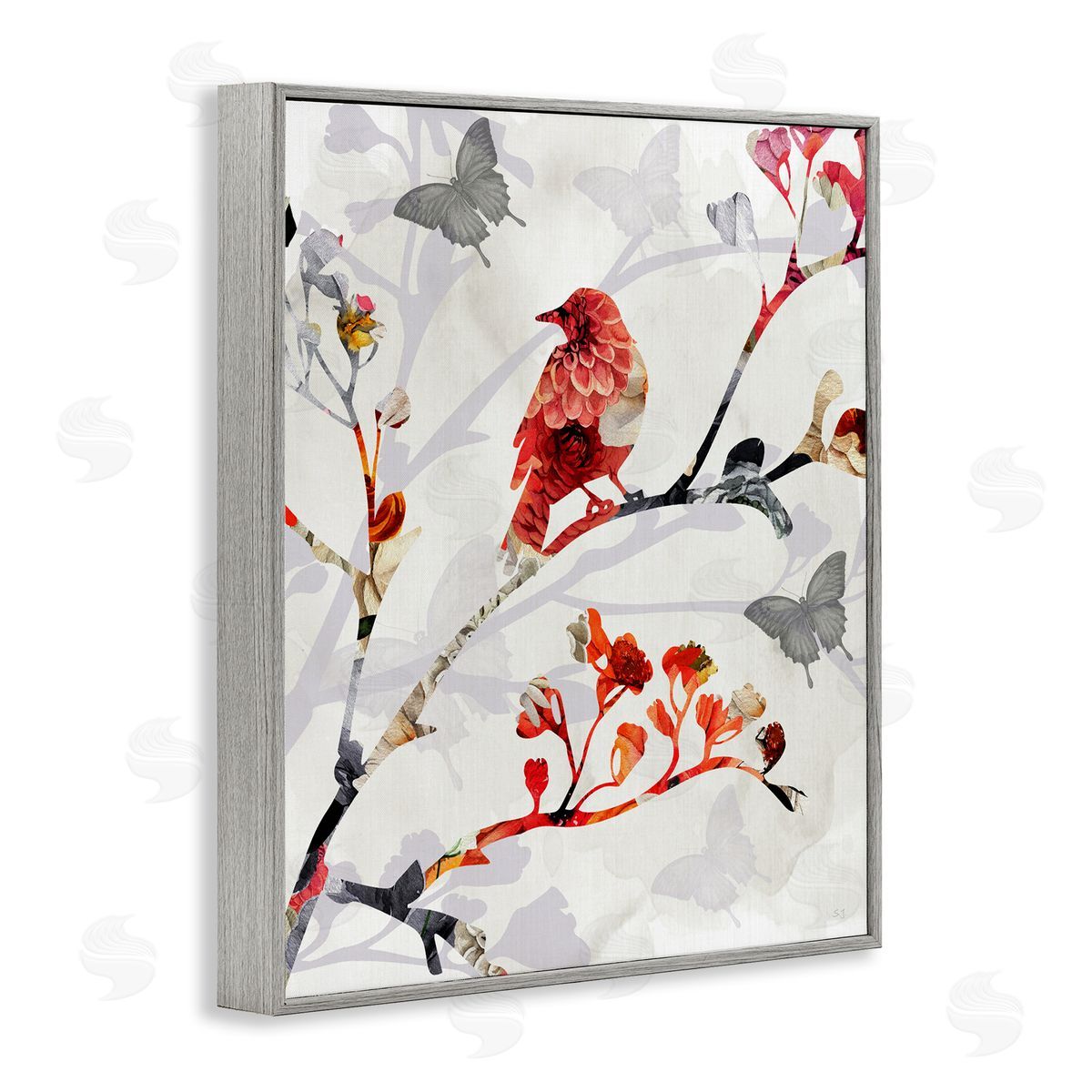 Susan Jill Patterned Birds on Branches Gray Framed Giclee Wall Art Print