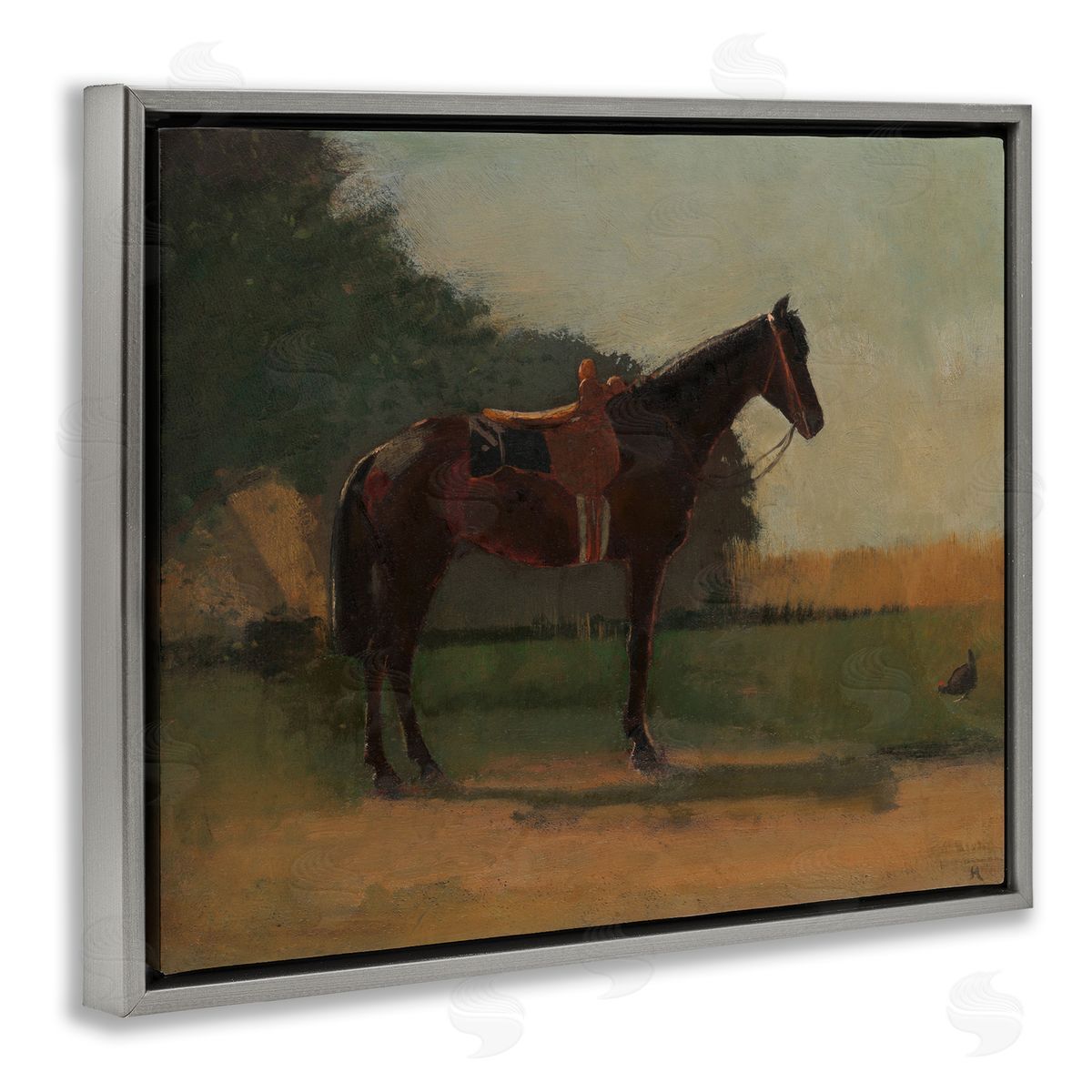 Racing Horse with Saddle Grey Floating Frame Canvas Wall Art, Home Decor by CAD Designs