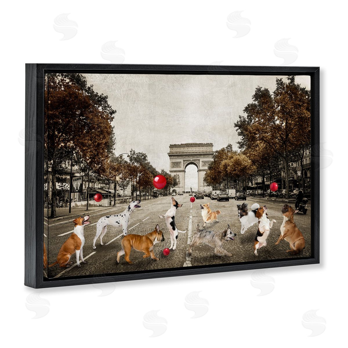 Dogs Playing Among Architecture Black Floating Frame Canvas Wall Art, Home Decor by CAD Designs