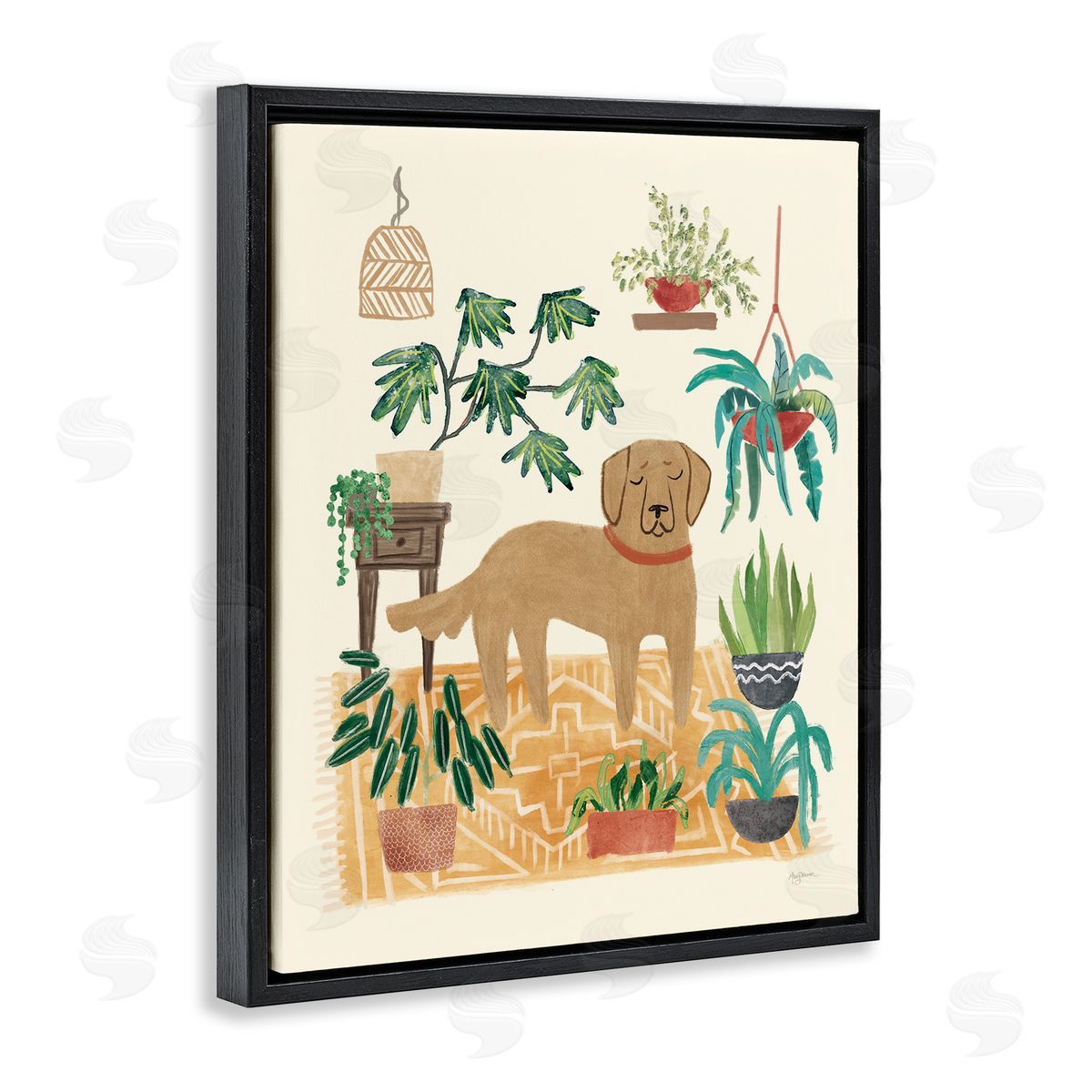 Labrador with House Plants Black Floating Frame Canvas Wall Art, Home Decor by Mary Urban