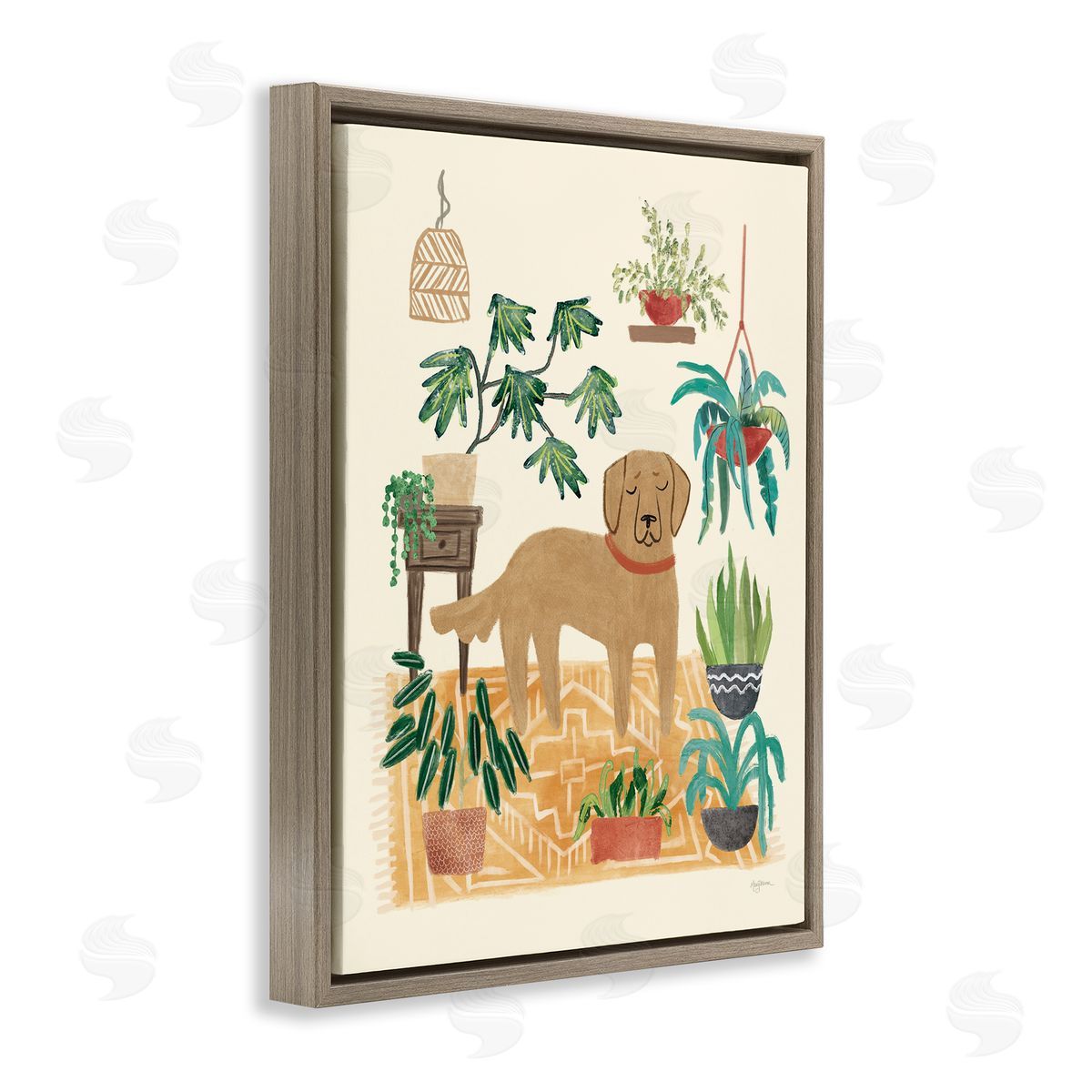Labrador with House Plants Brown Floating Frame Canvas Wall Art, Home Decor by Mary Urban
