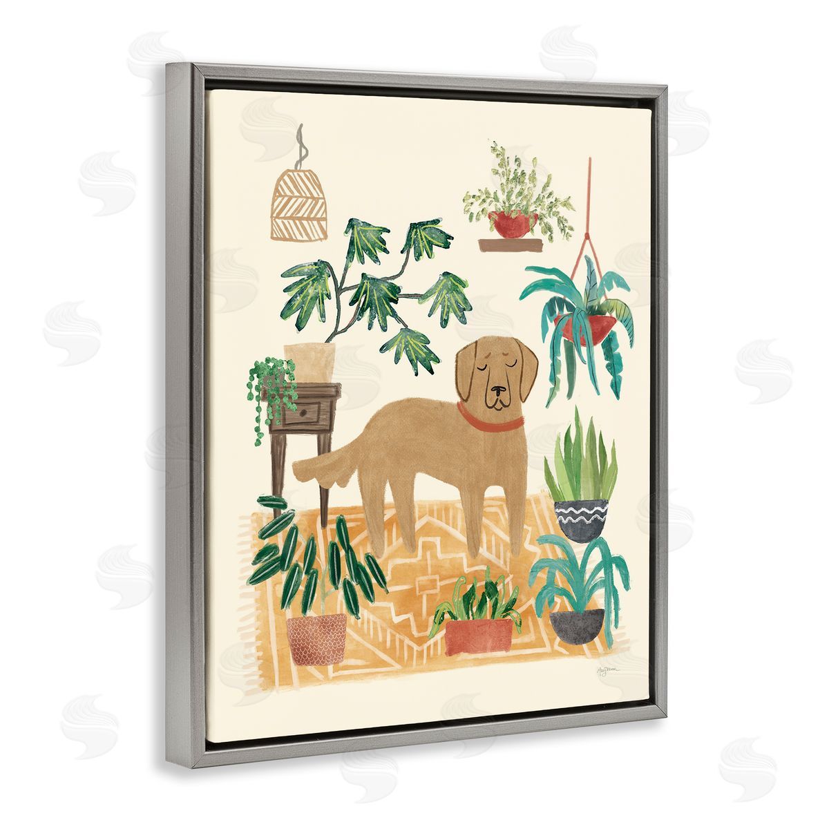 Labrador with House Plants Grey Floating Frame Canvas Wall Art, Home Decor by Mary Urban