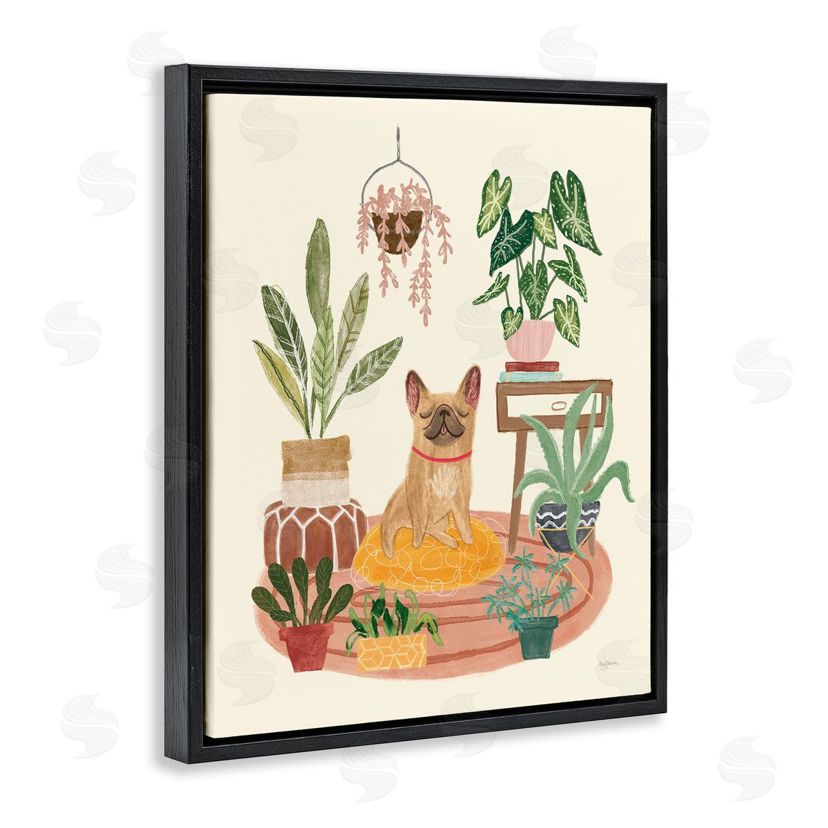 Urban Dog with Plants Black Floating Frame Canvas Wall Art, Home Decor by Mary Urban