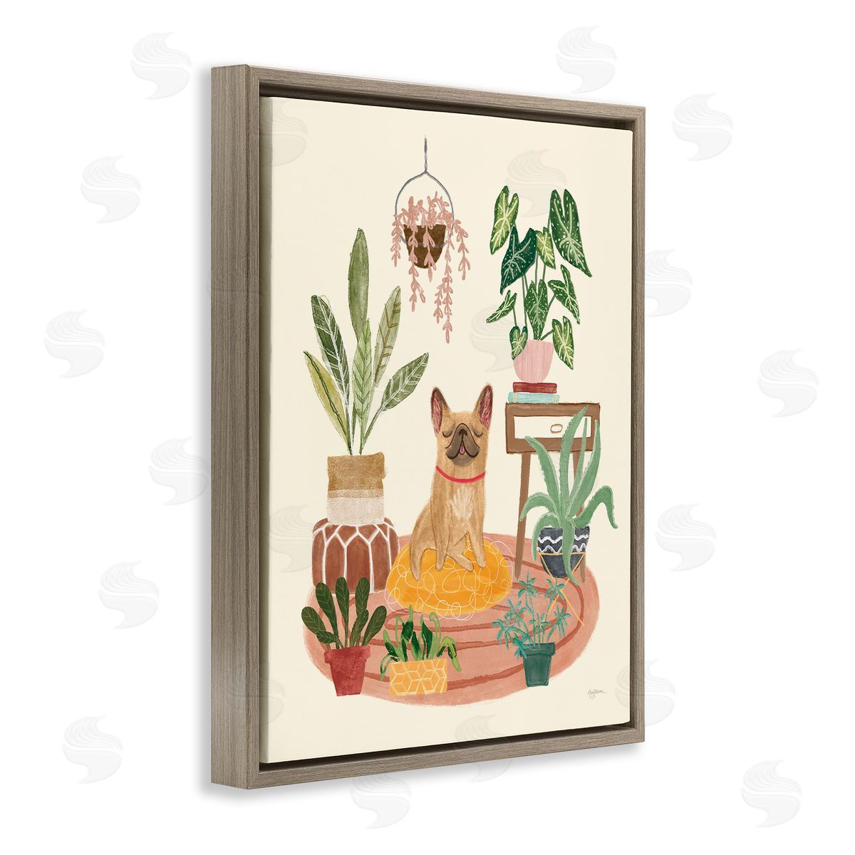 Urban Dog with Plants Brown Floating Frame Canvas Wall Art, Home Decor by Mary Urban