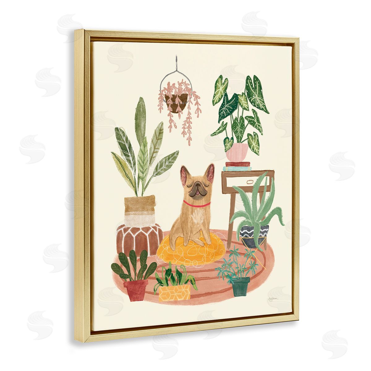 Urban Dog with Plants Gold Floating Frame Canvas Wall Art, Home Decor by Mary Urban
