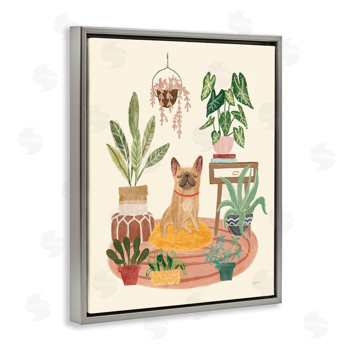 Urban Dog with Plants Grey Floating Frame Canvas Wall Art, Home Decor by Mary Urban