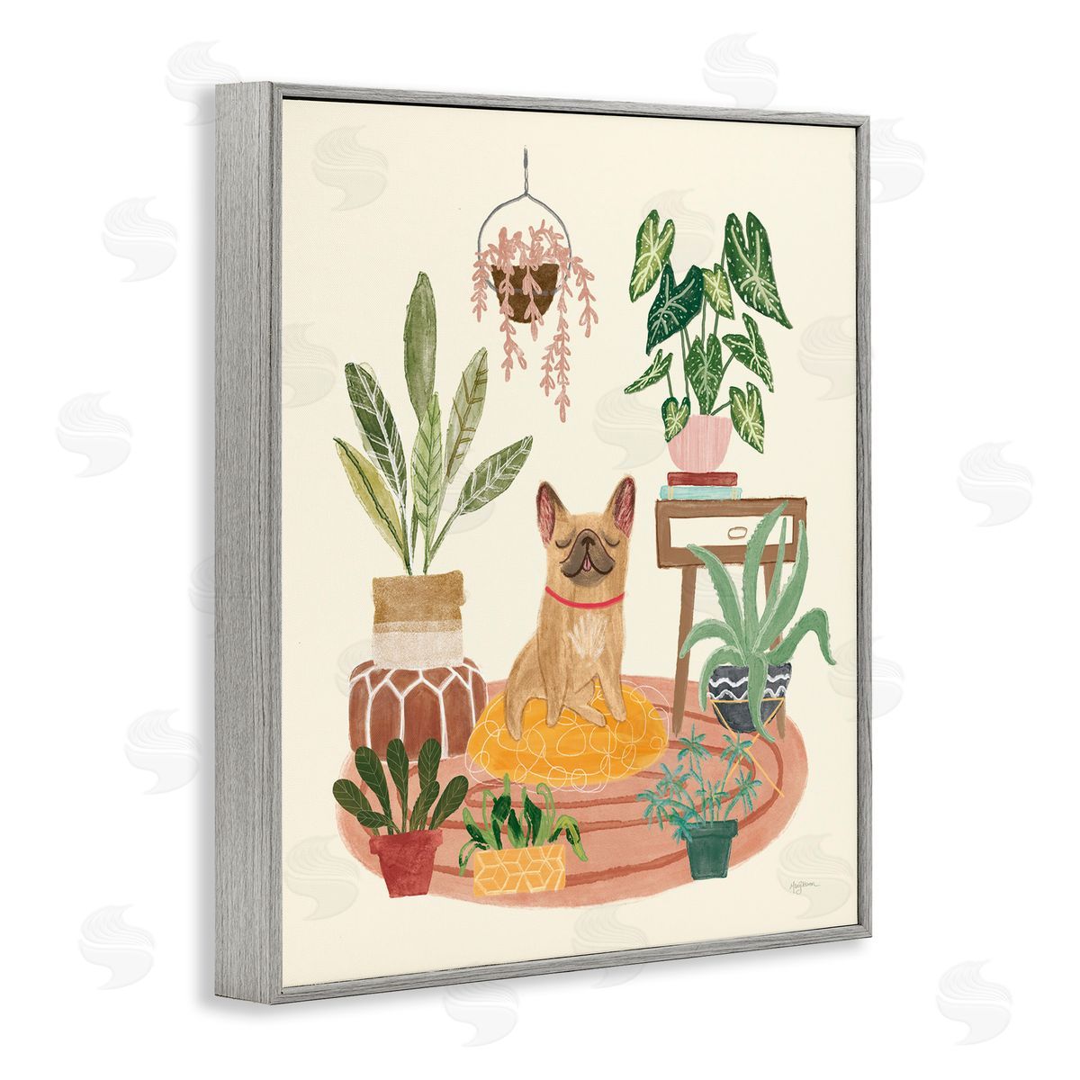 Urban Dog with Plants Grey Frame Print Wall Art, Home Decor by Mary Urban