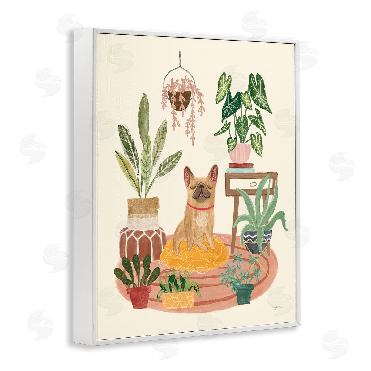 Urban Dog with Plants White Frame Print Wall Art, Home Decor by Mary Urban