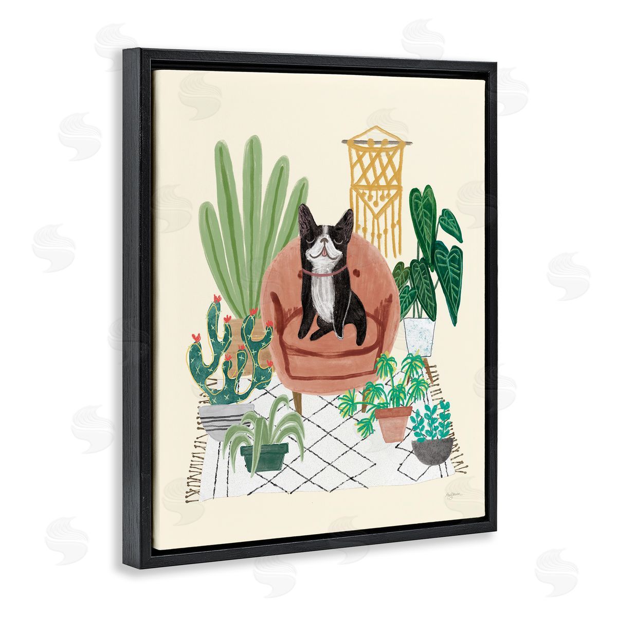 Dog on Sofa with Plants Black Floating Frame Canvas Wall Art, Home Decor by Mary Urban