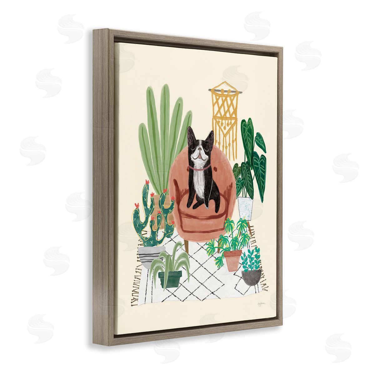 Dog on Sofa with Plants Brown Floating Frame Canvas Wall Art, Home Decor by Mary Urban