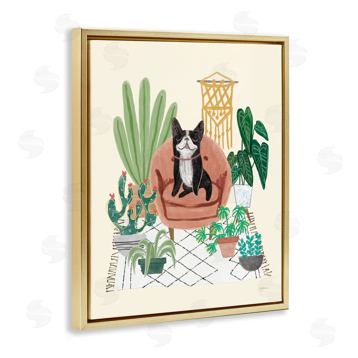 Dog on Sofa with Plants Gold Floating Frame Canvas Wall Art, Home Decor by Mary Urban