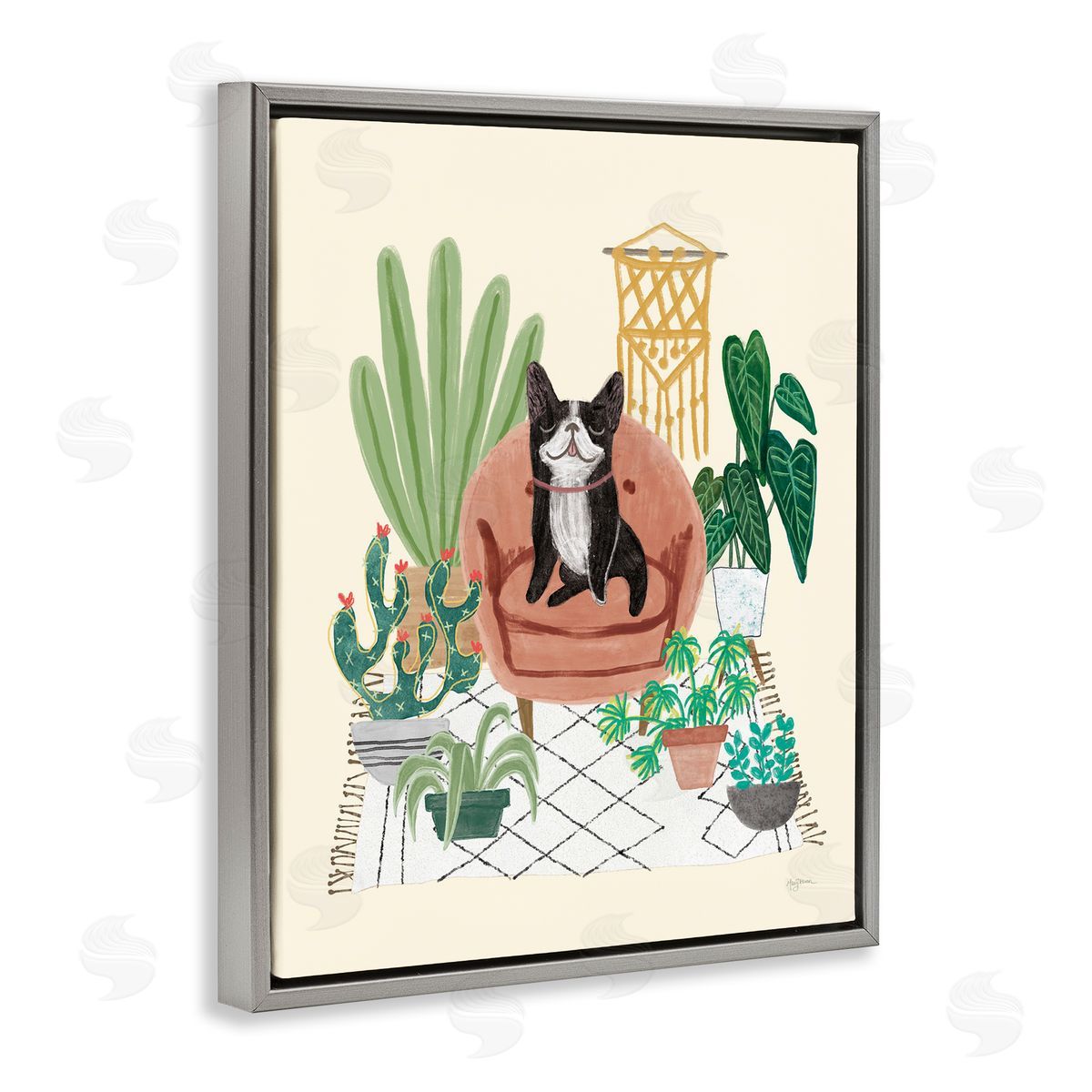 Dog on Sofa with Plants Grey Floating Frame Canvas Wall Art, Home Decor by Mary Urban