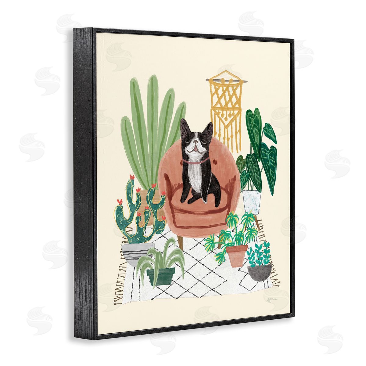 Dog on Sofa with Plants Black Frame Print Wall Art, Home Decor by Mary Urban