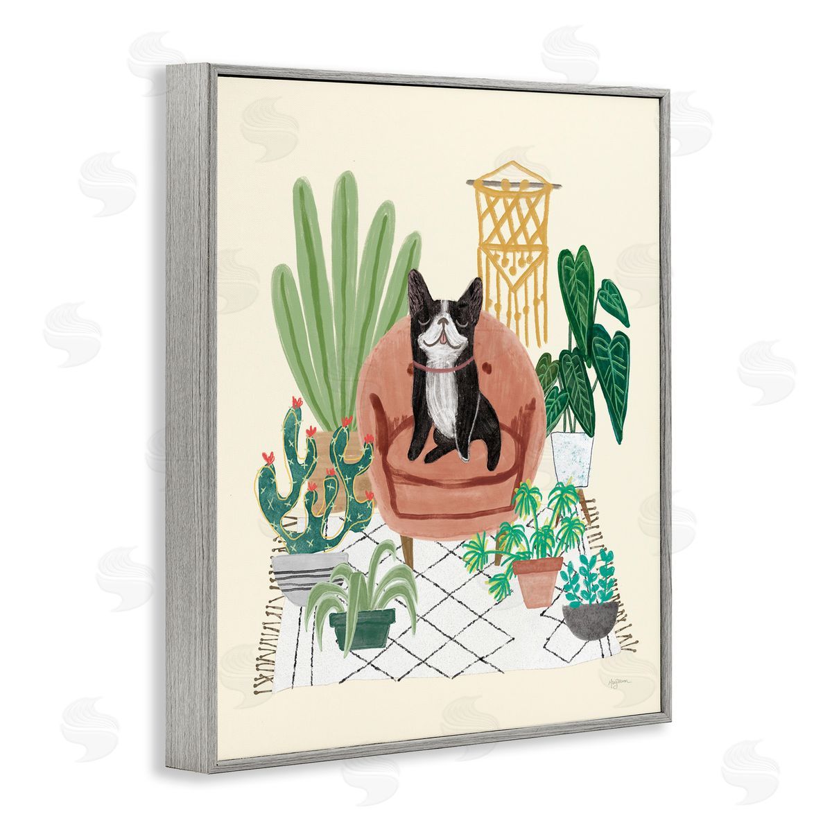Dog on Sofa with Plants Grey Frame Print Wall Art, Home Decor by Mary Urban