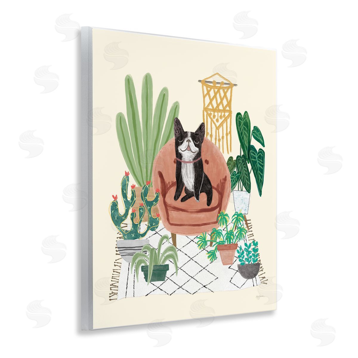 Dog on Sofa with Plants Wood Plaque Wall Art, Home Decor by Mary Urban