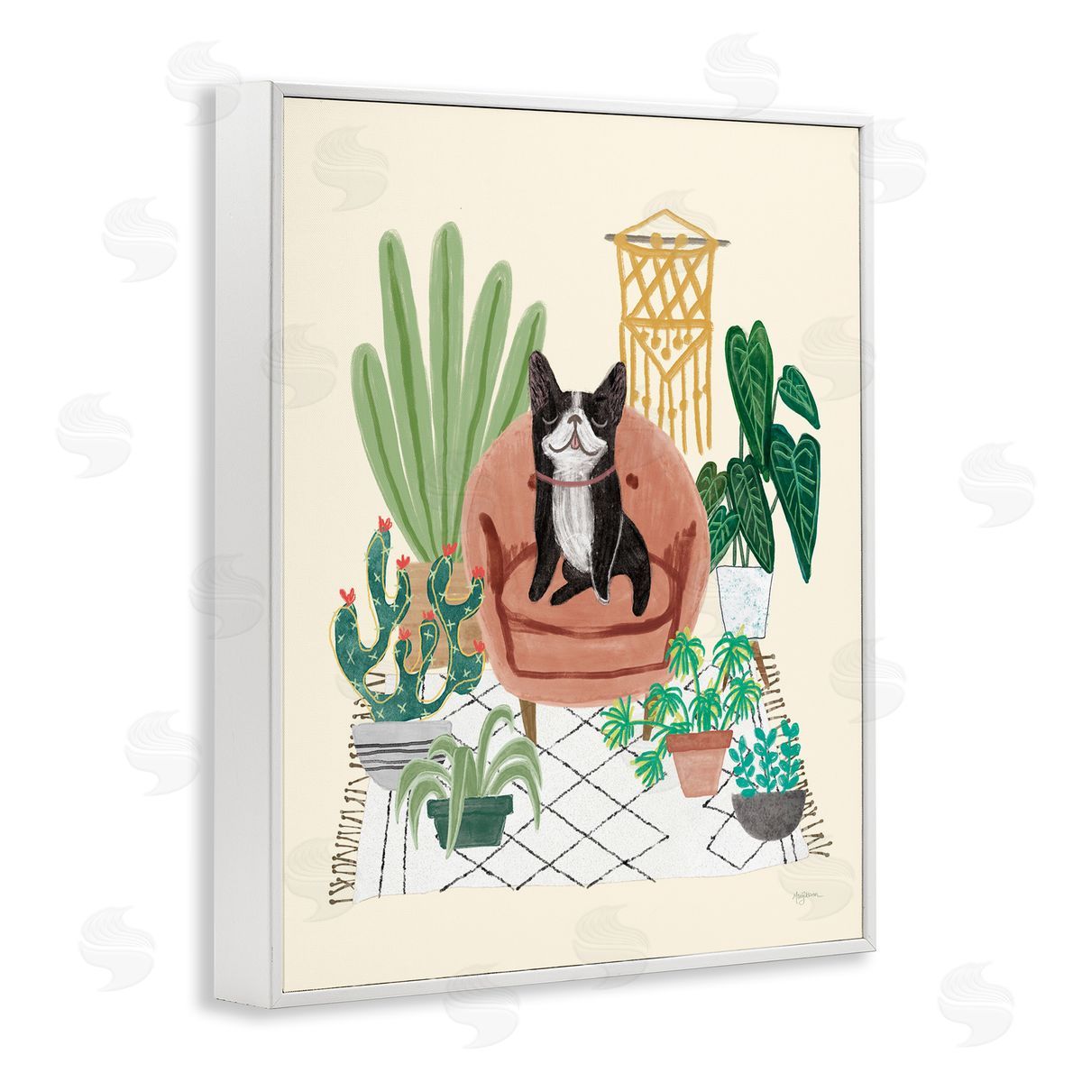 Dog on Sofa with Plants White Frame Print Wall Art, Home Decor by Mary Urban