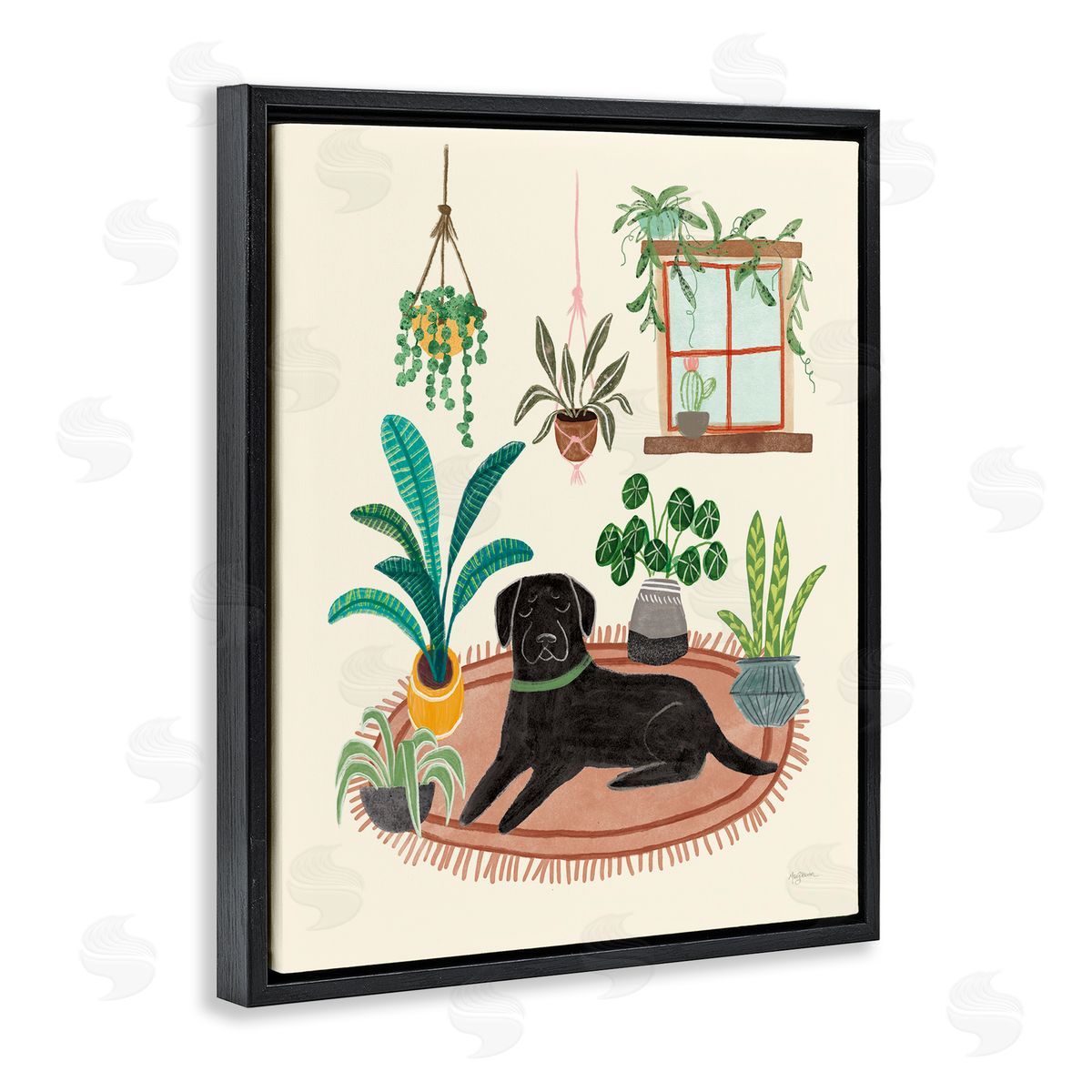 Fun Dog and House Plants Black Floating Frame Canvas Wall Art, Home Decor by Mary Urban