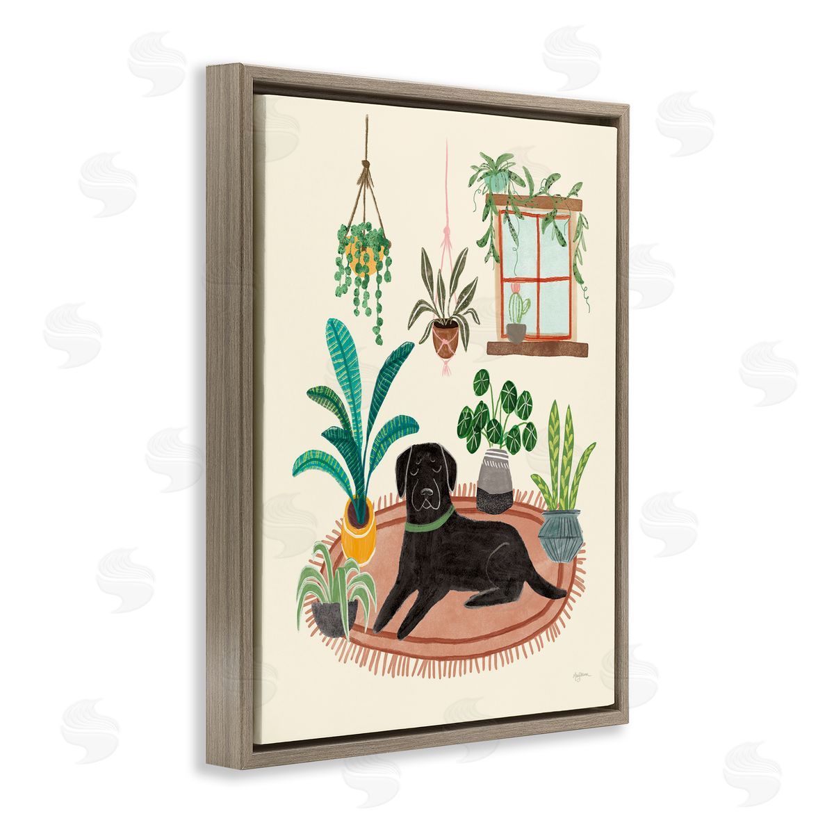 Fun Dog and House Plants Brown Floating Frame Canvas Wall Art, Home Decor by Mary Urban