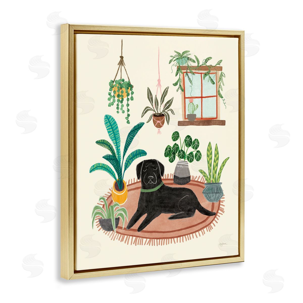 Fun Dog and House Plants Gold Floating Frame Canvas Wall Art, Home Decor by Mary Urban