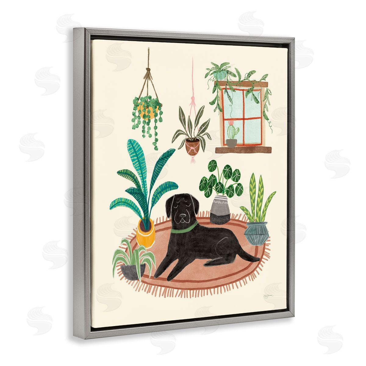 Fun Dog and House Plants Grey Floating Frame Canvas Wall Art, Home Decor by Mary Urban