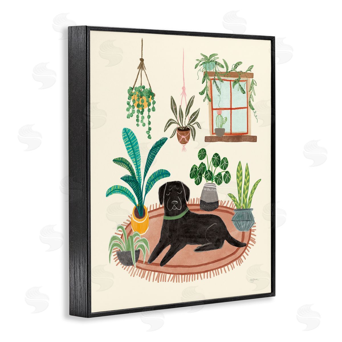 Fun Dog and House Plants Black Frame Print Wall Art, Home Decor by Mary Urban