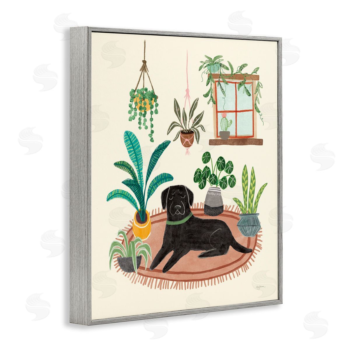 Fun Dog and House Plants Grey Frame Print Wall Art, Home Decor by Mary Urban