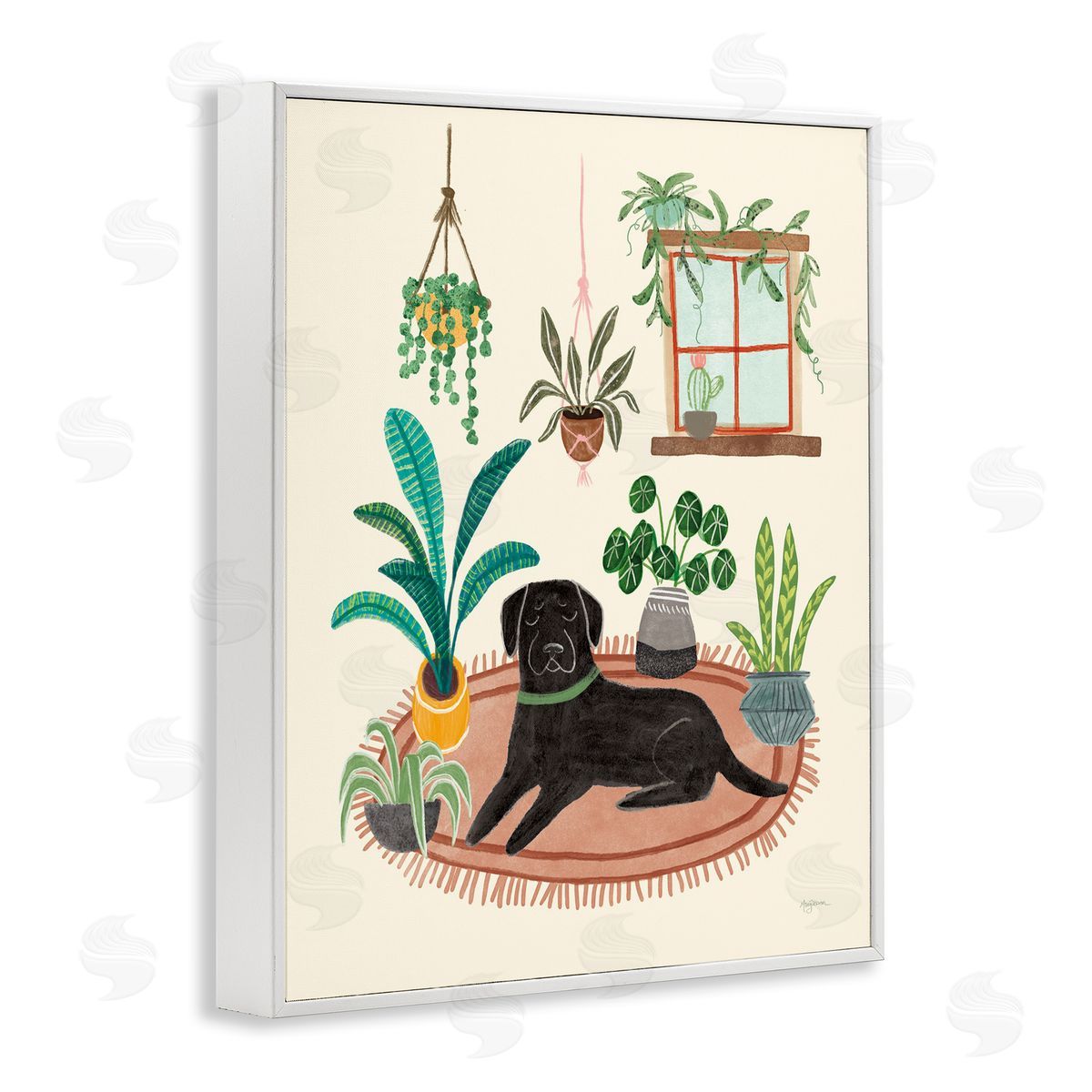 Fun Dog and House Plants White Frame Print Wall Art, Home Decor by Mary Urban