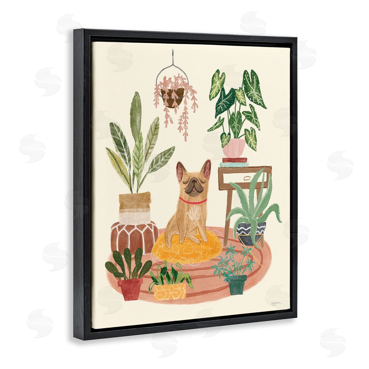 Pug Dog with Plants Black Floating Frame Canvas Wall Art, Home Decor by Mary Urban